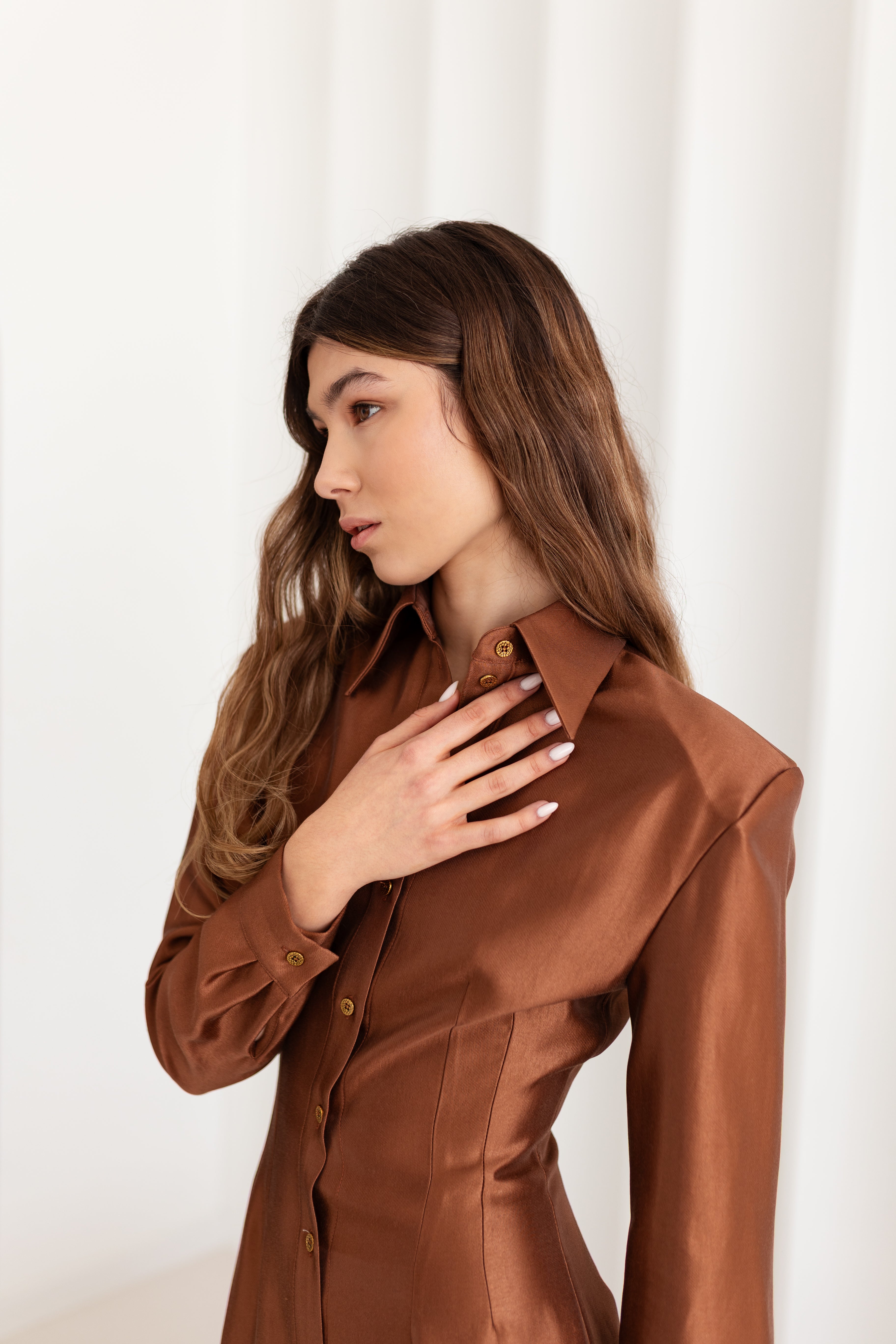 EDITH Brown Fitted Midi Shirt Dress