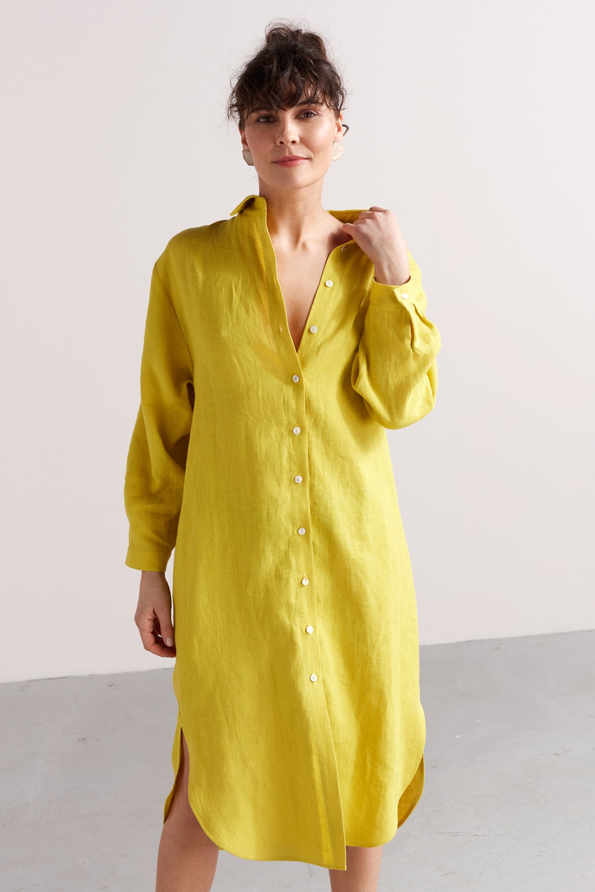 ANRI midi linen shirt dress in lemon yellow