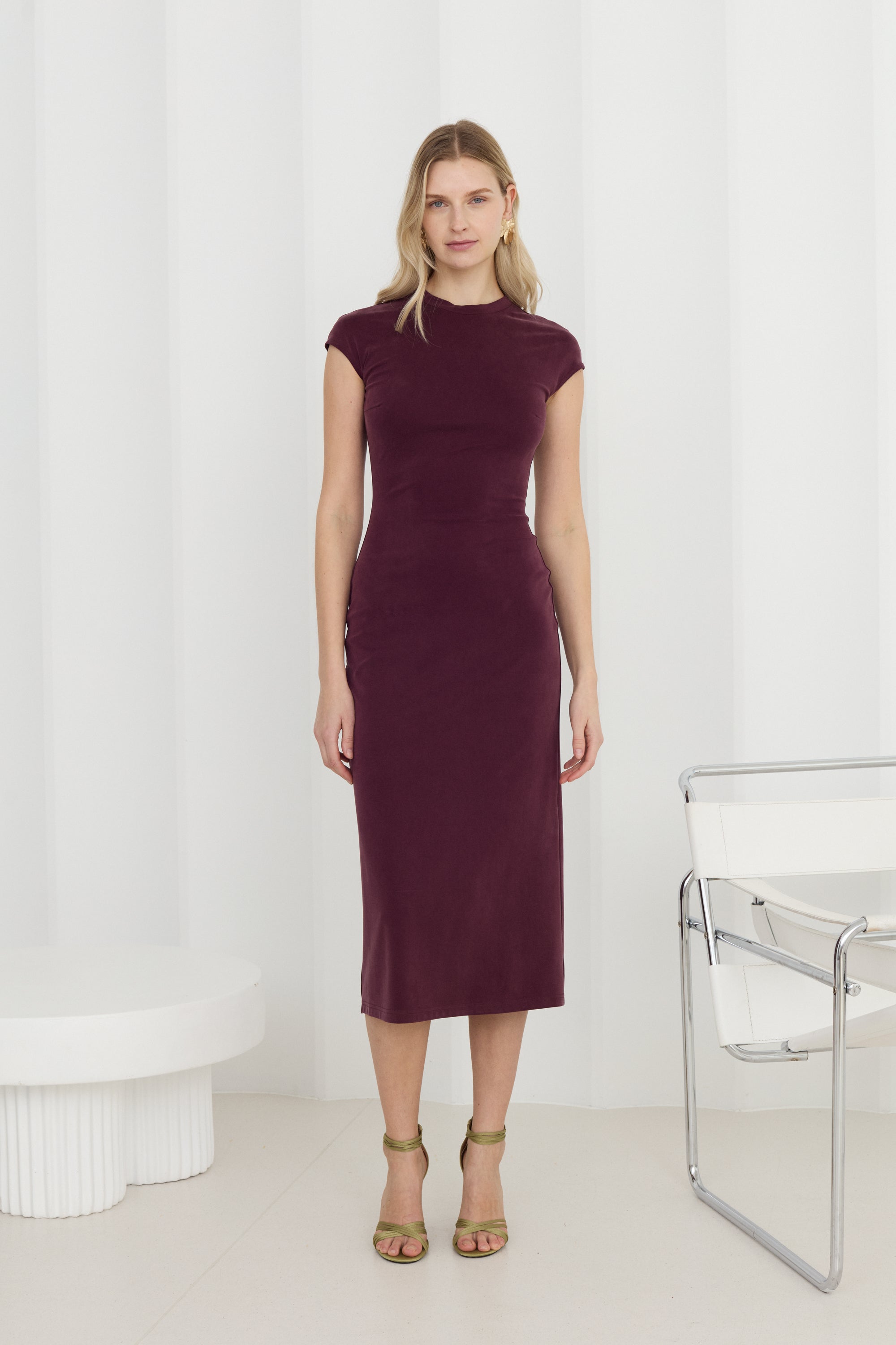 ASTER Dark Purple Jersey Midi Dress with Cap Sleeves