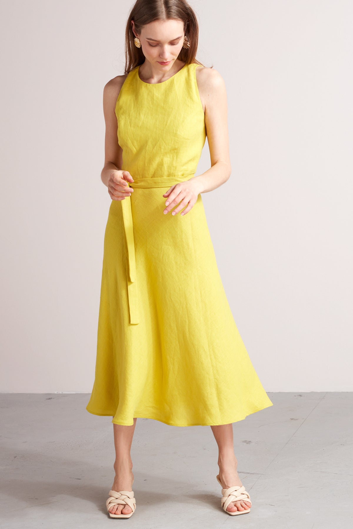 AMILA open back linen cupro midi dress in yellow