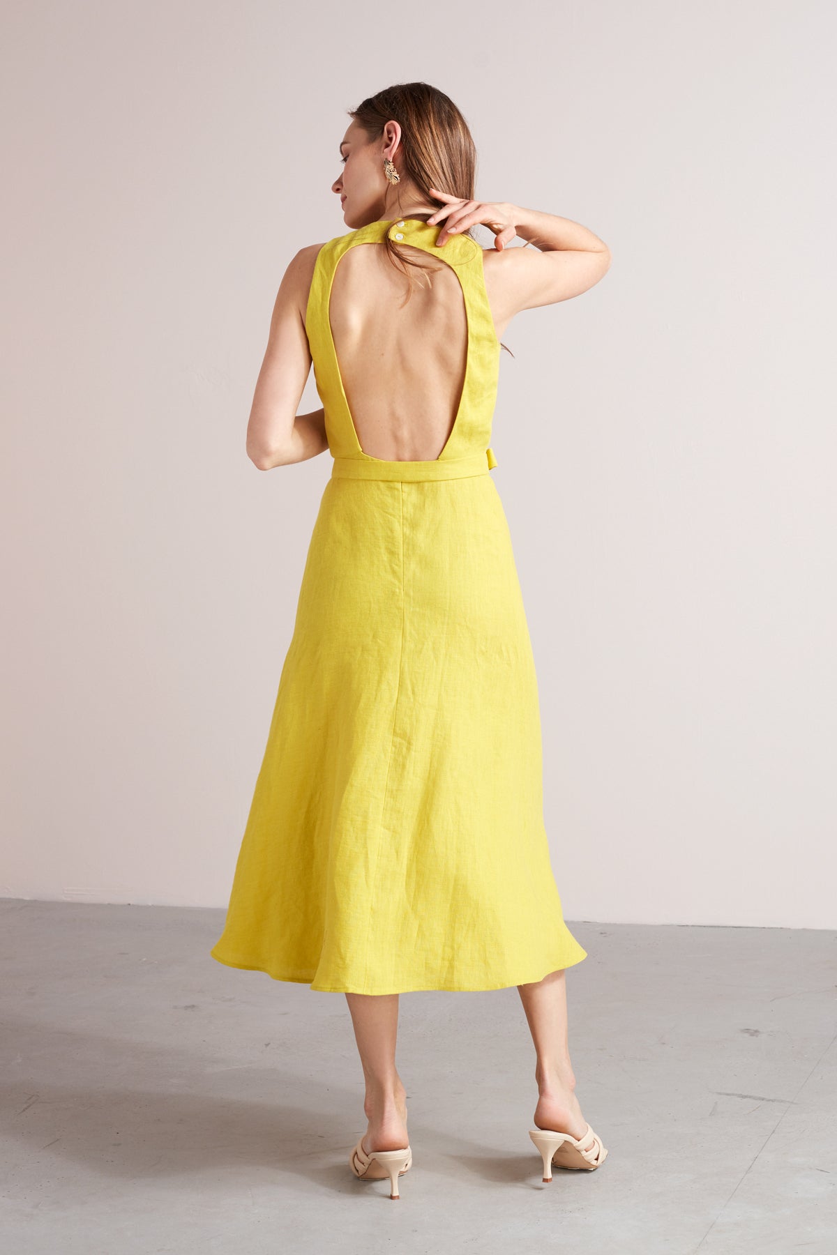 AMILA open back linen cupro midi dress in yellow