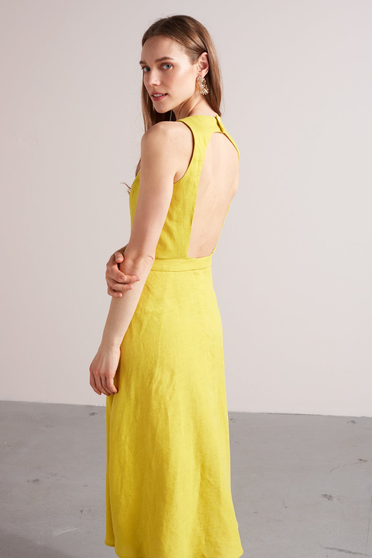 AMILA open back linen cupro midi dress in yellow