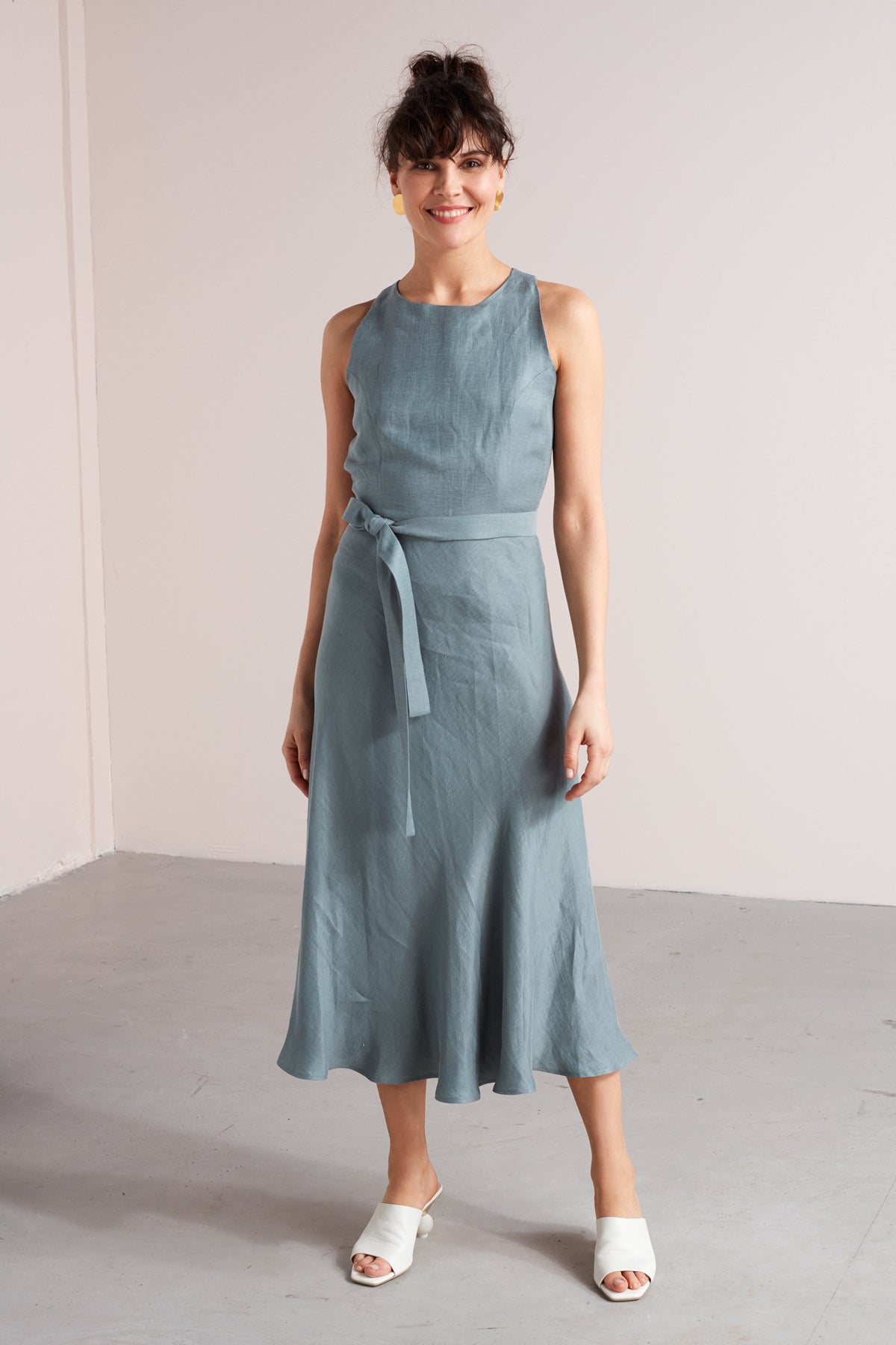 AMILA open back linen midi dress in dusty blue