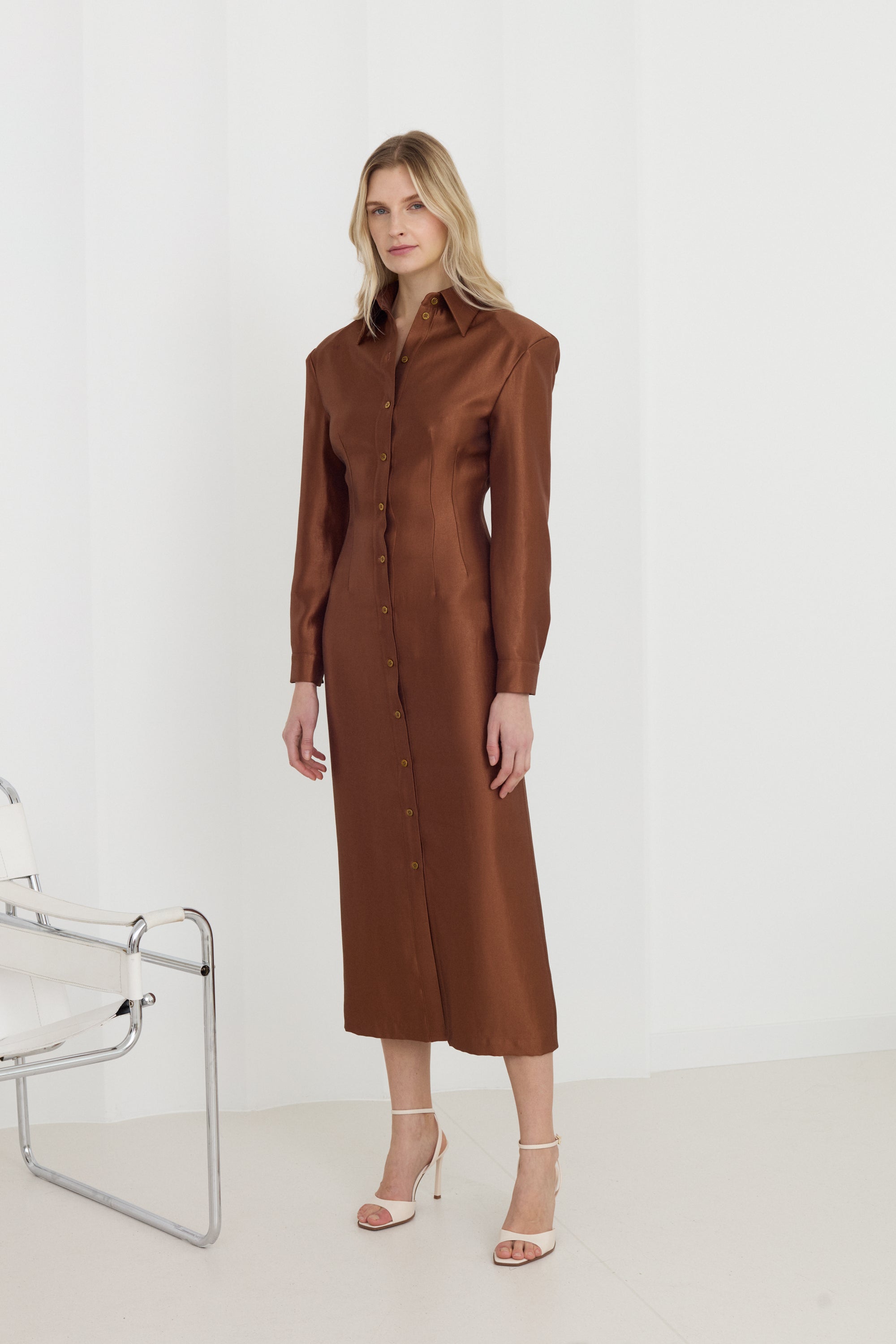 EDITH Brown Fitted Midi Shirt Dress