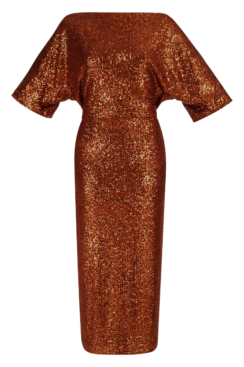 MIRTA Bronze Sequin Cocktail Midi Dress With Widening Sleeves
