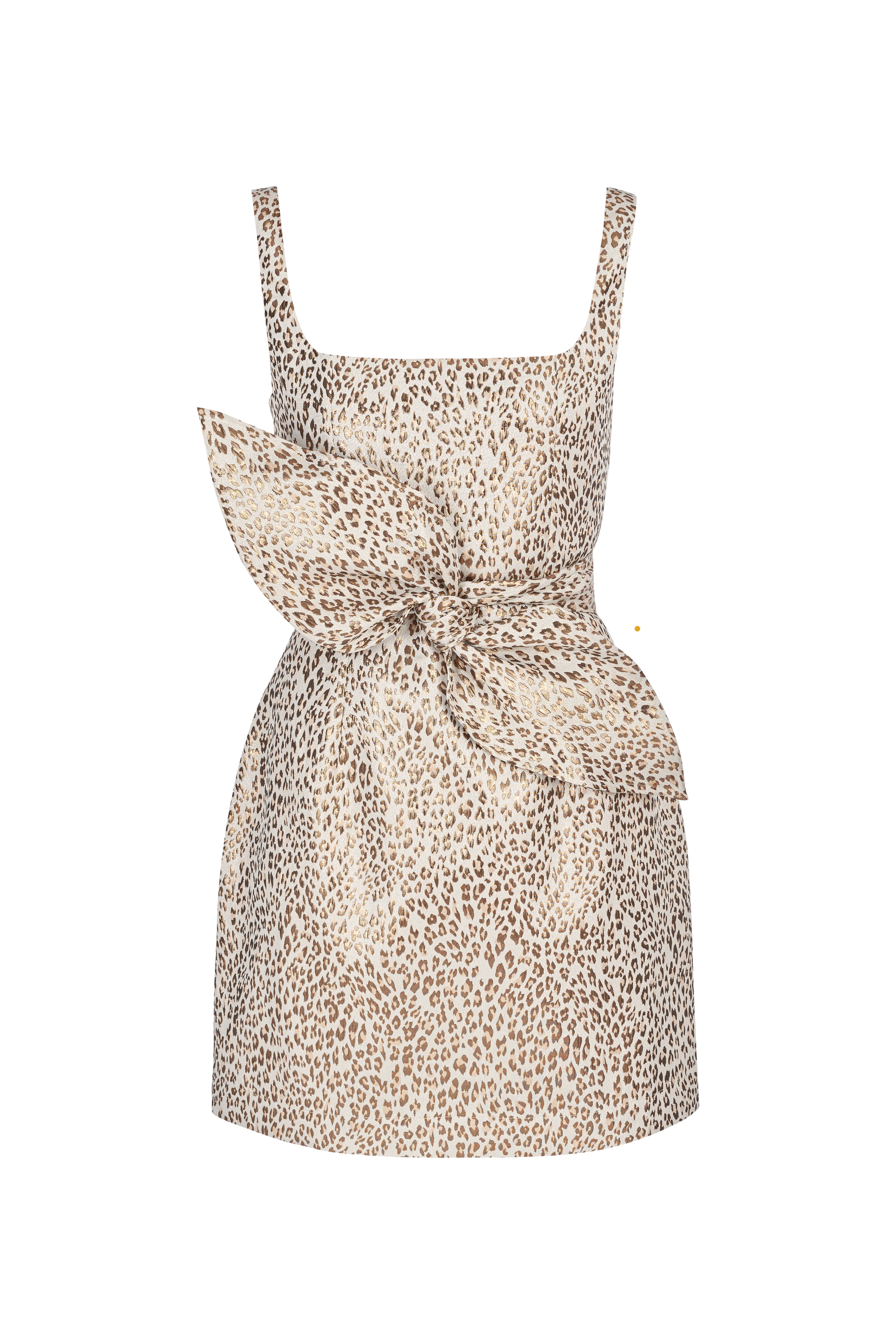 GOLDA Beige Gold Jacquard Fabric Mini Dress With Bow Belt