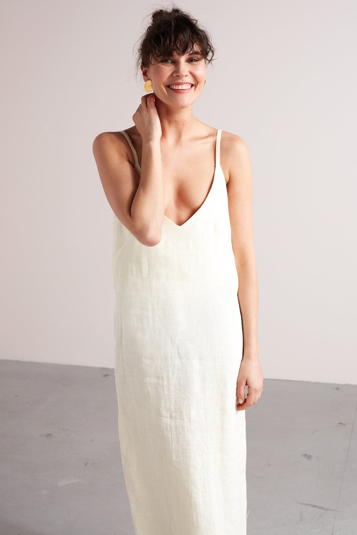 cream midi slip dress HANI linen midi slip dress in light cream