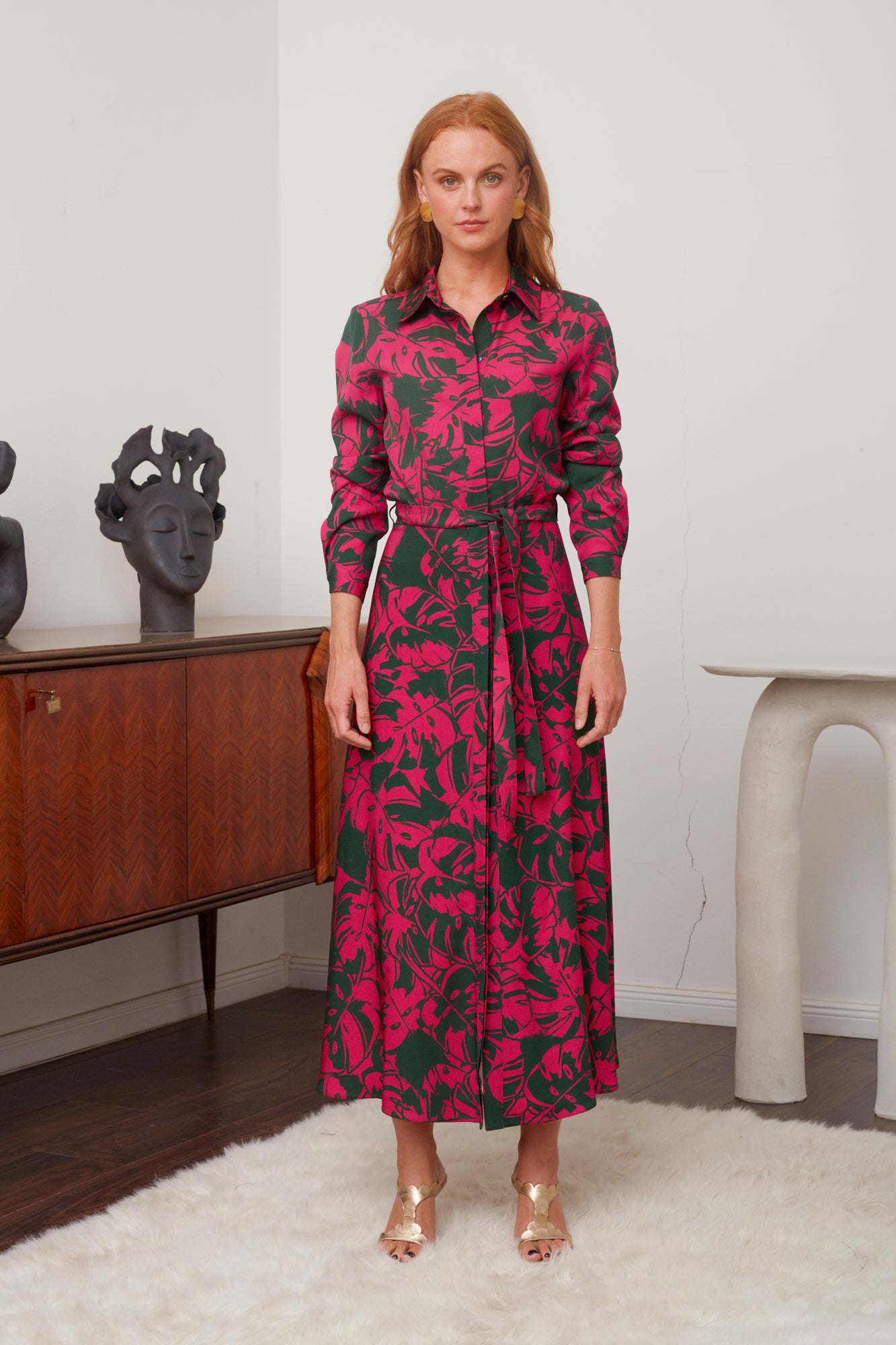 AVIA Green Magenta Pink Floral Printed Midi Shirt Dress - Vibrant and Chic
