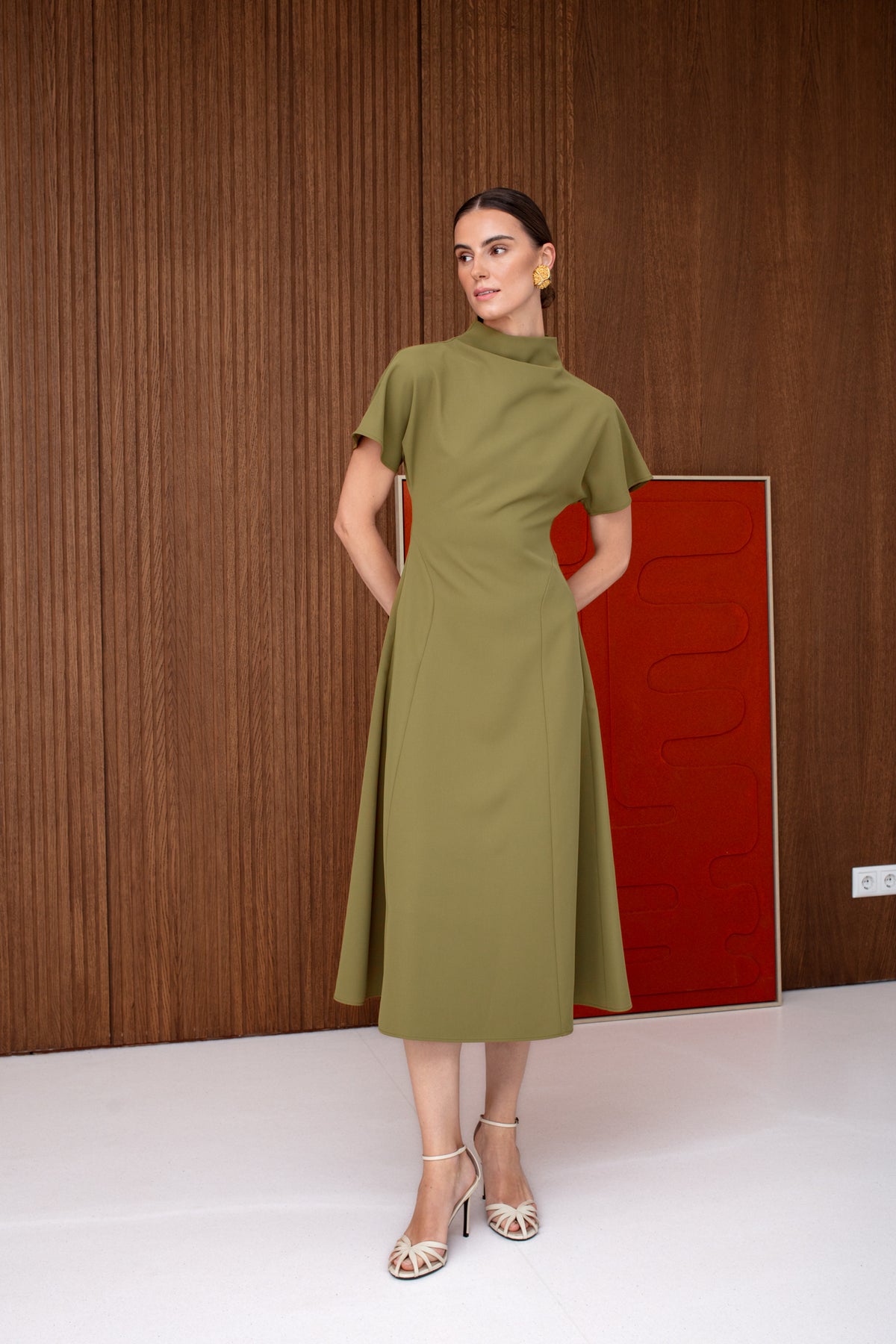 TORI Midi Olive Green Structured Cocktail Dress