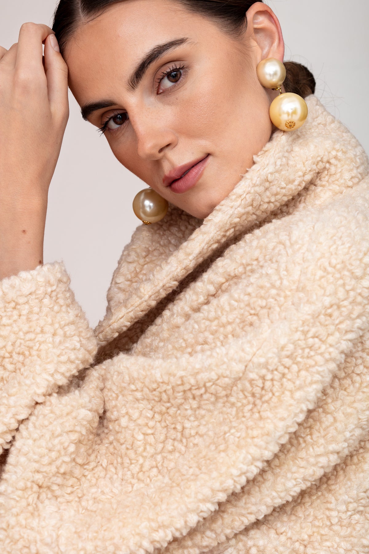 LORI Cream Belted Wool Teddy Midi Length Coat