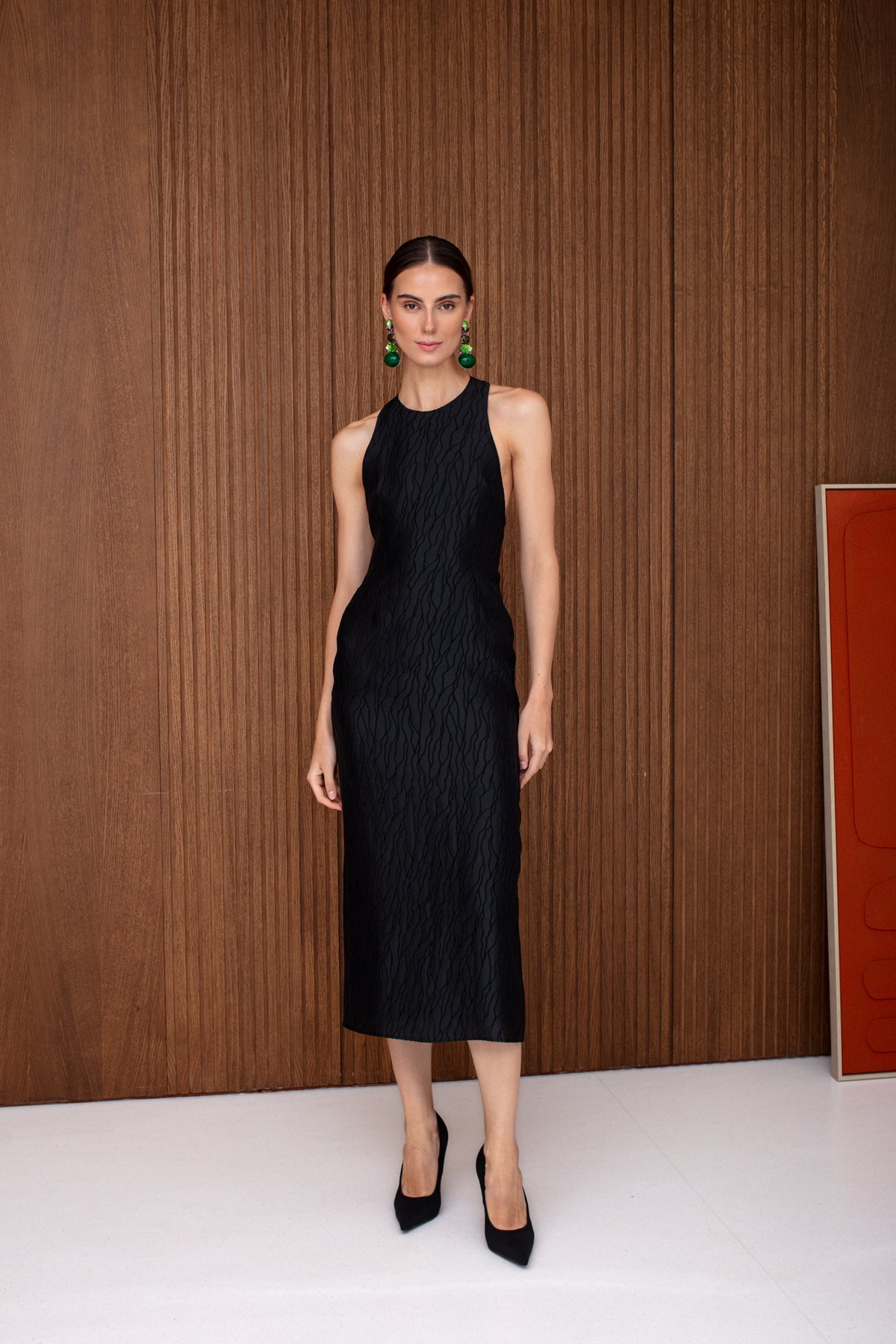 VERONICA Black Open Back Midi Dress with Sparkling Crystals Back Chain