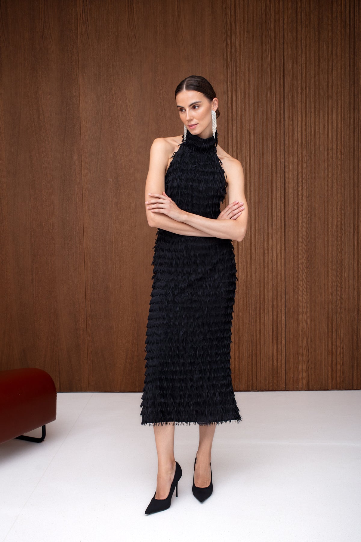 SELESTE Black Feather Midi Evening Dress