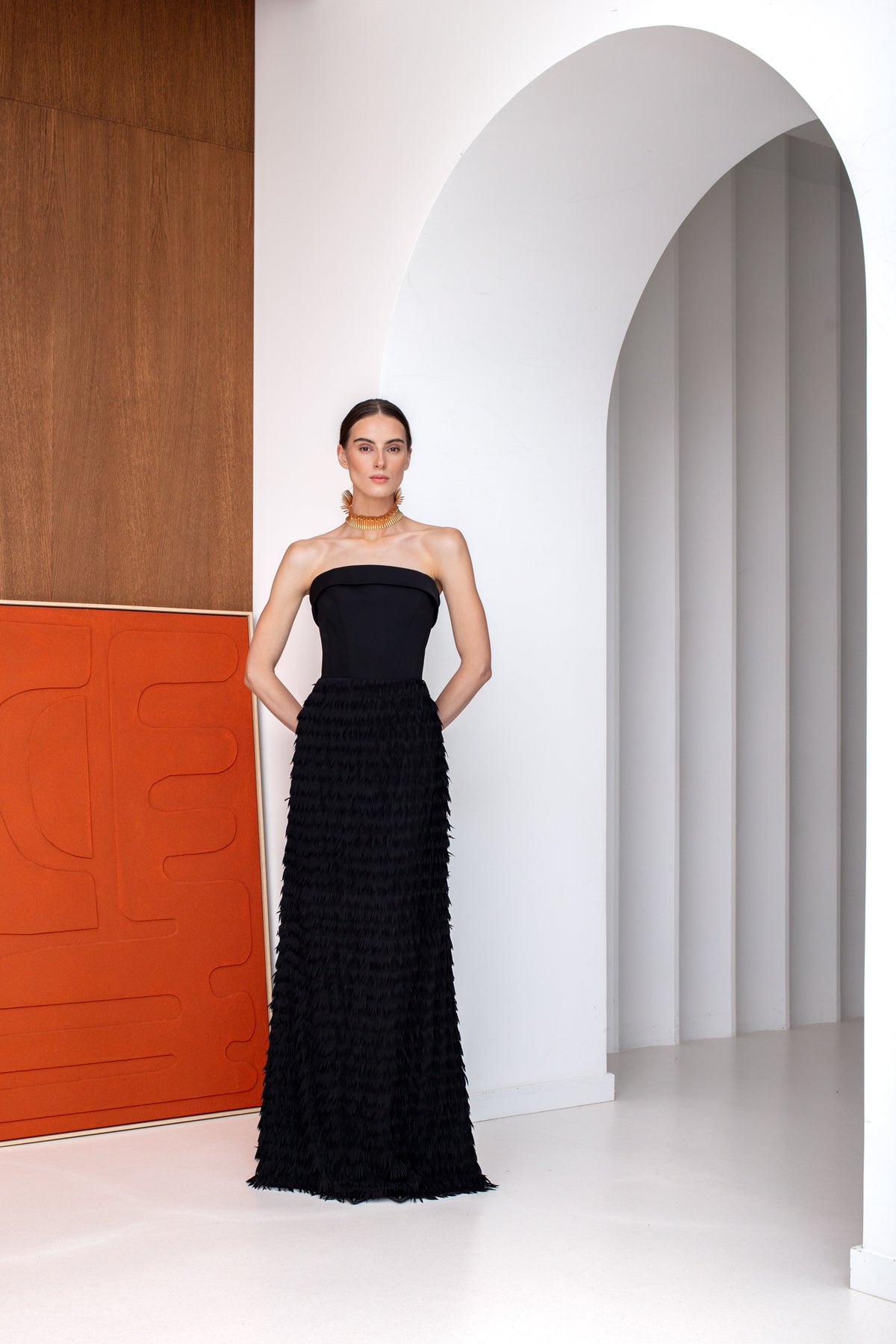 VIVIEN Black Maxi Corset Dress with Feather Pencil Skirt