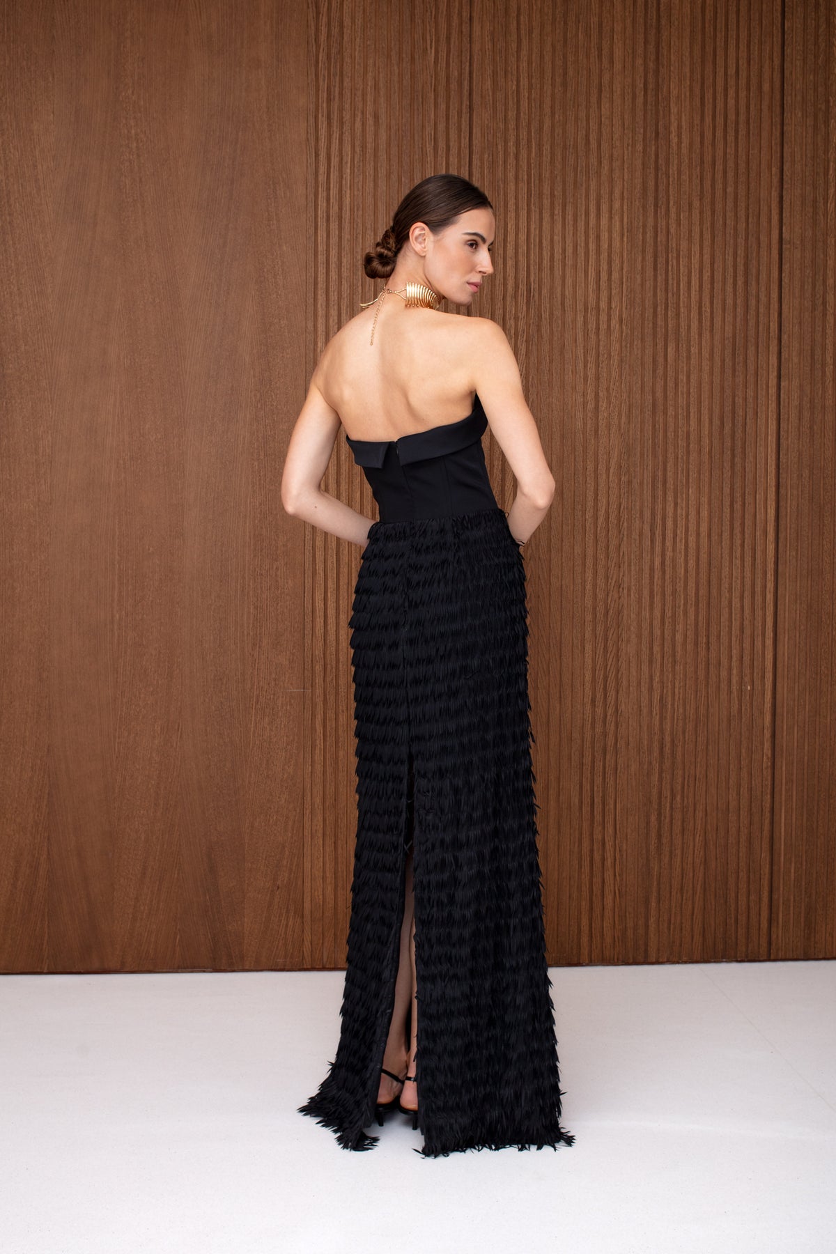 VIVIEN Black Maxi Corset Dress with Feather Pencil Skirt