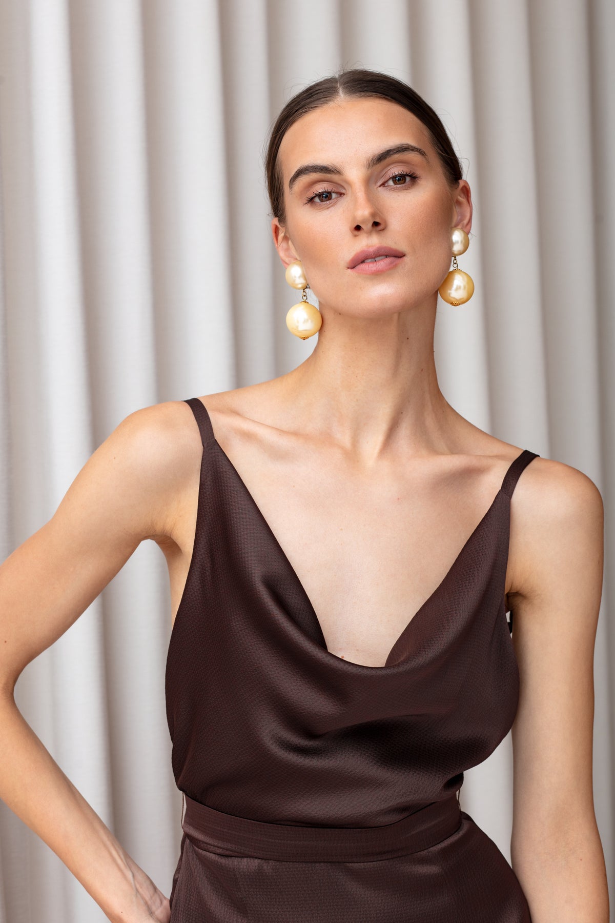 KAMEA Umber Brown Cowl Neck Midi Cocktail Dress