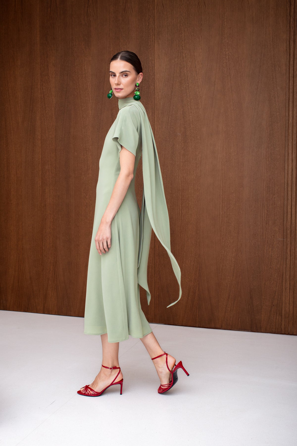 TARIKA Sage Flowing Formal Midi Dress