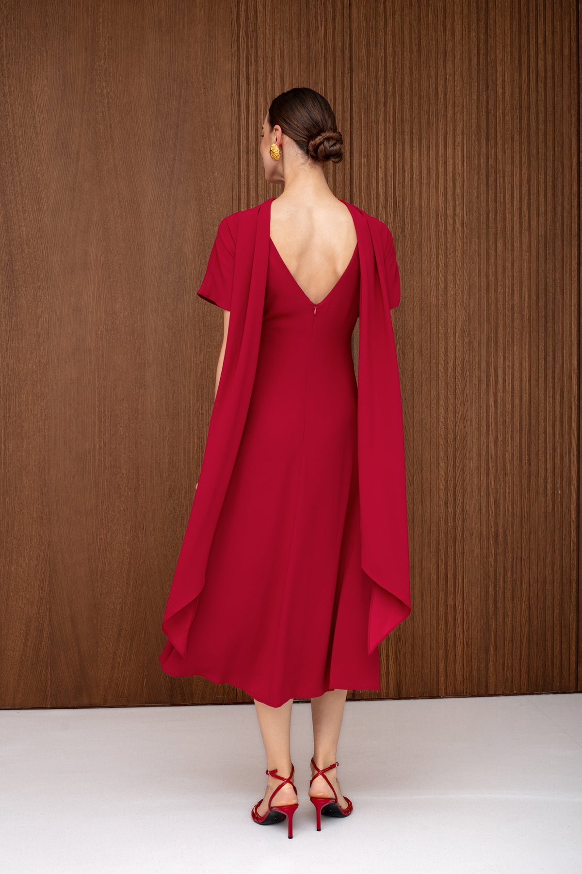 TARIKA Red Flowing Formal Midi Dress
