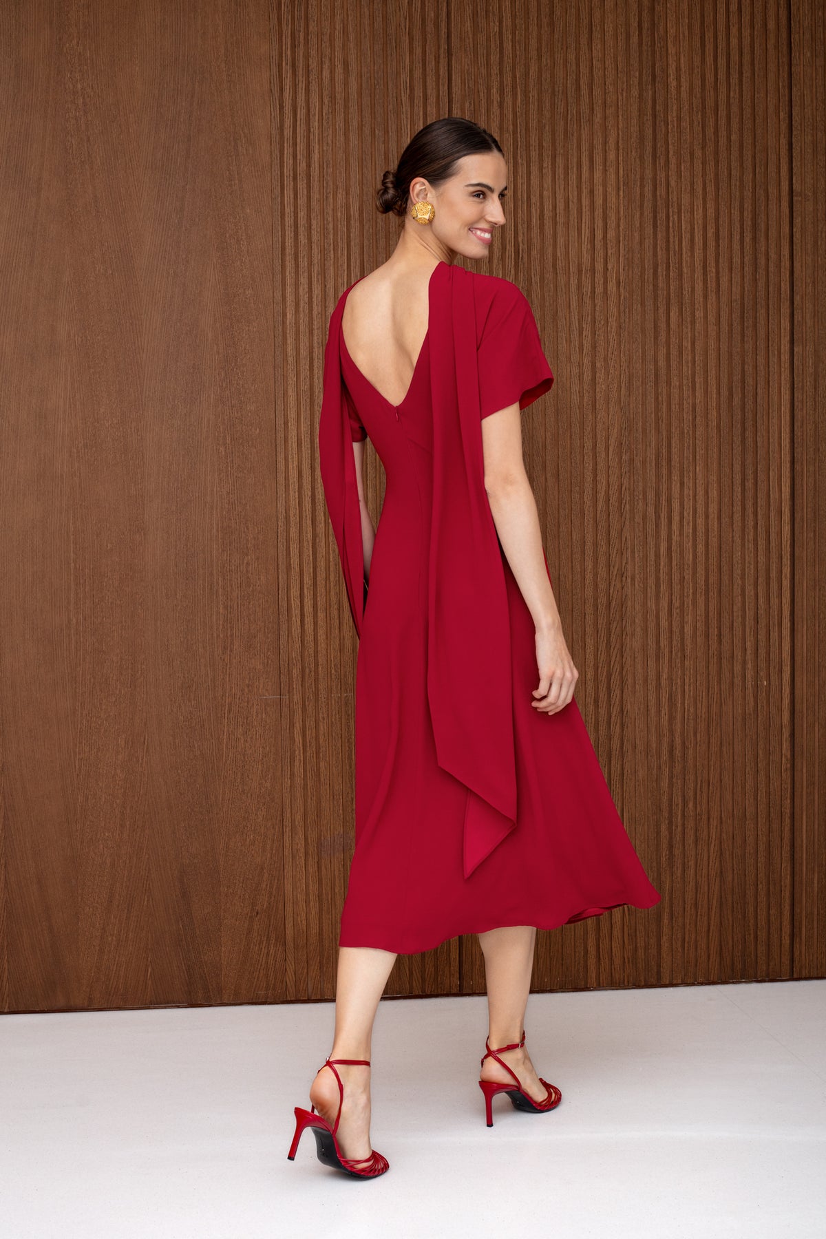 TARIKA Red Flowing Formal Midi Dress