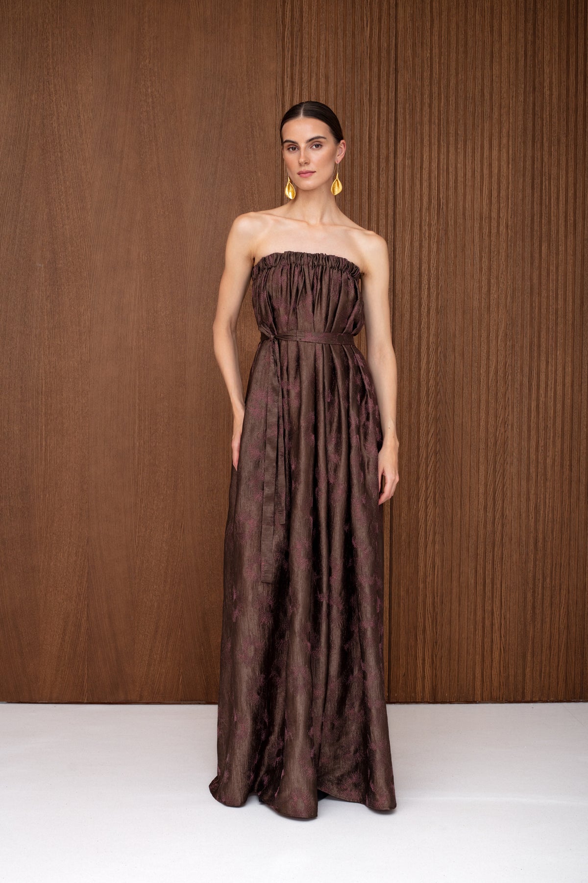 ESTE Brown Floral Off Shoulder Maxi Dress