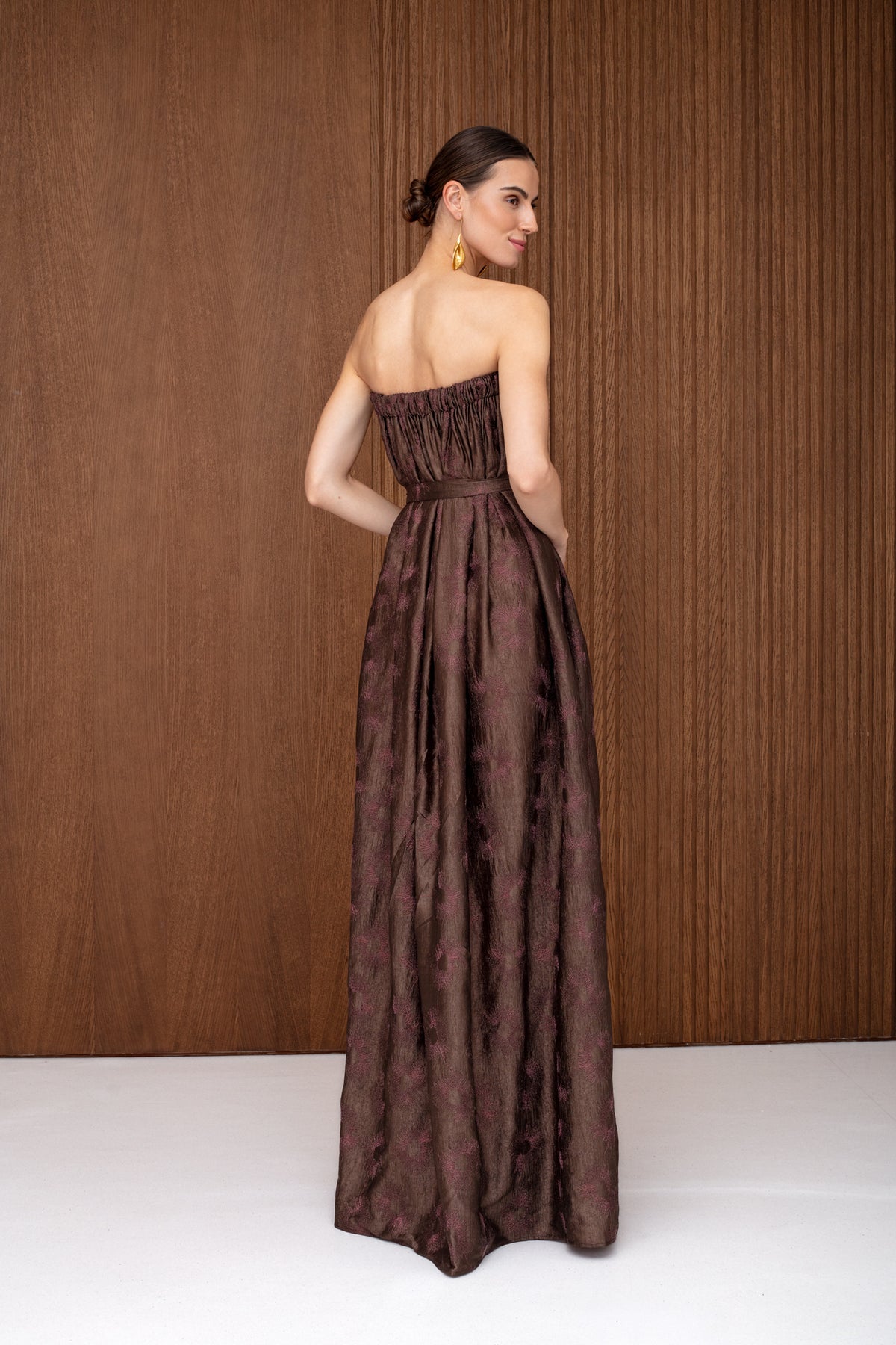 ESTE Brown Floral Off Shoulder Maxi Dress