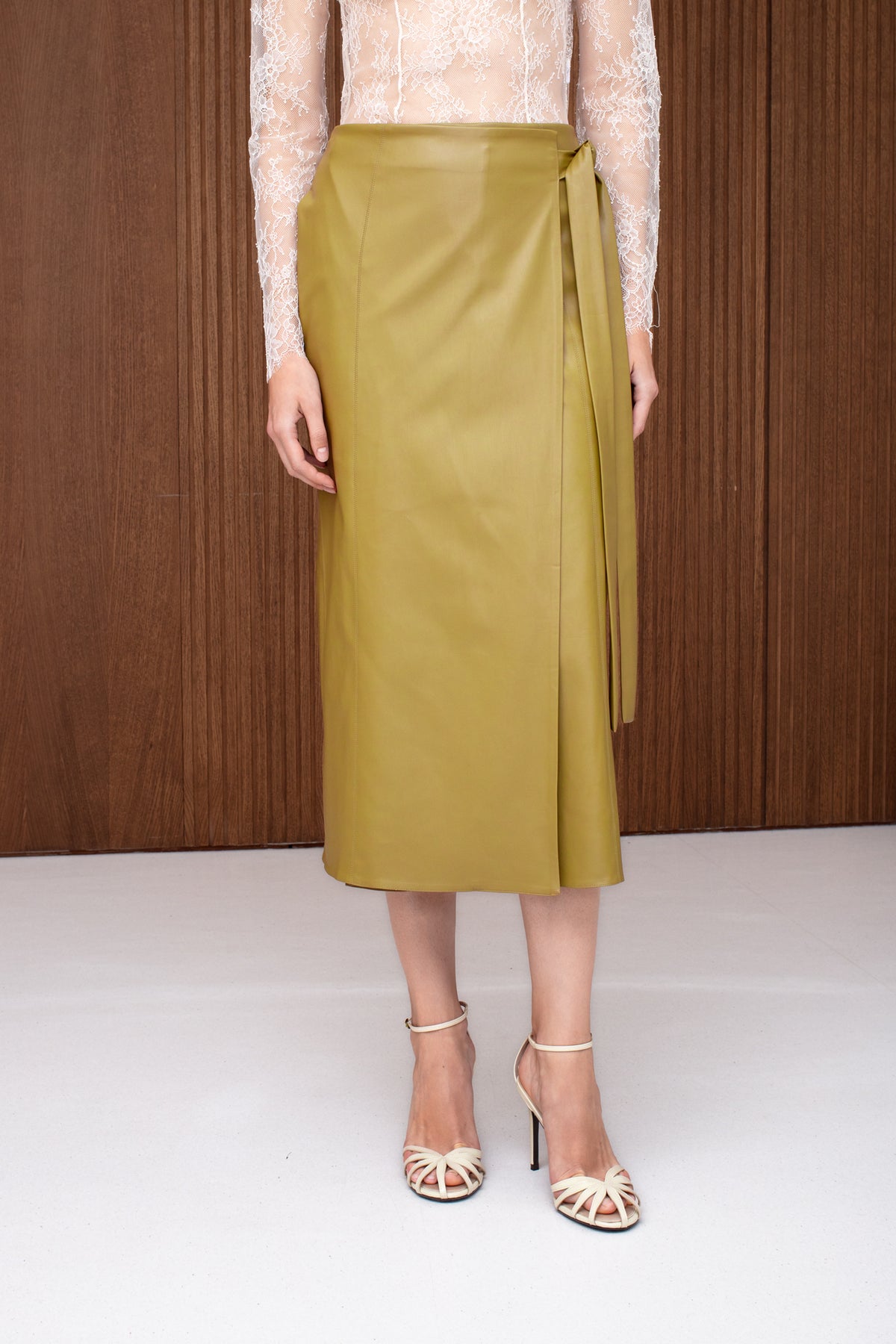 MELODY Olive Midi Wrap Skirt with Tie Detail