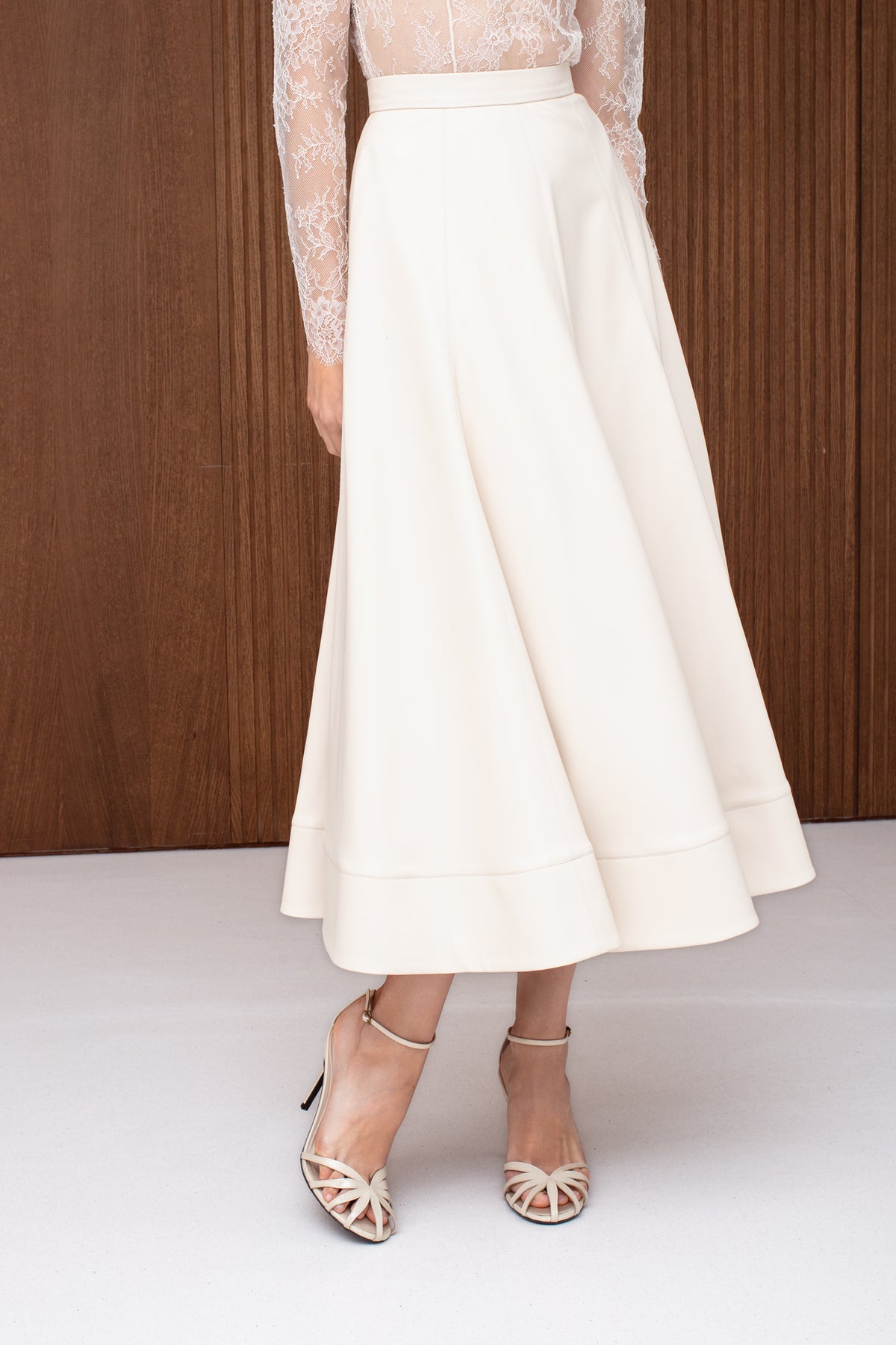 AYLA Cream Leather Godet Midi Skirt