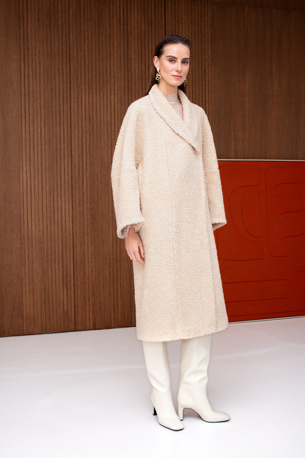 LORI Cream Belted Wool Teddy Midi Length Coat