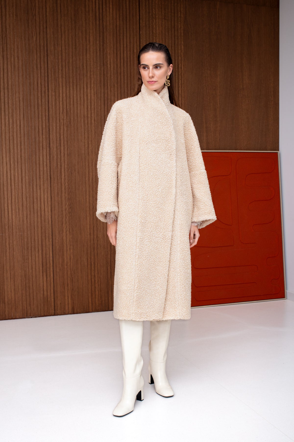 LORI Cream Belted Wool Teddy Midi Length Coat