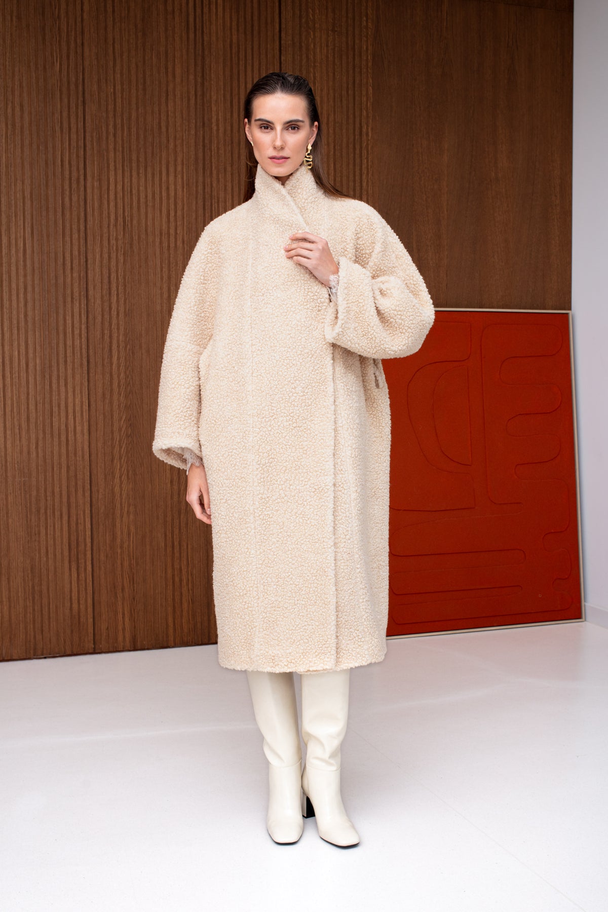 LORI Cream Belted Wool Teddy Midi Length Coat