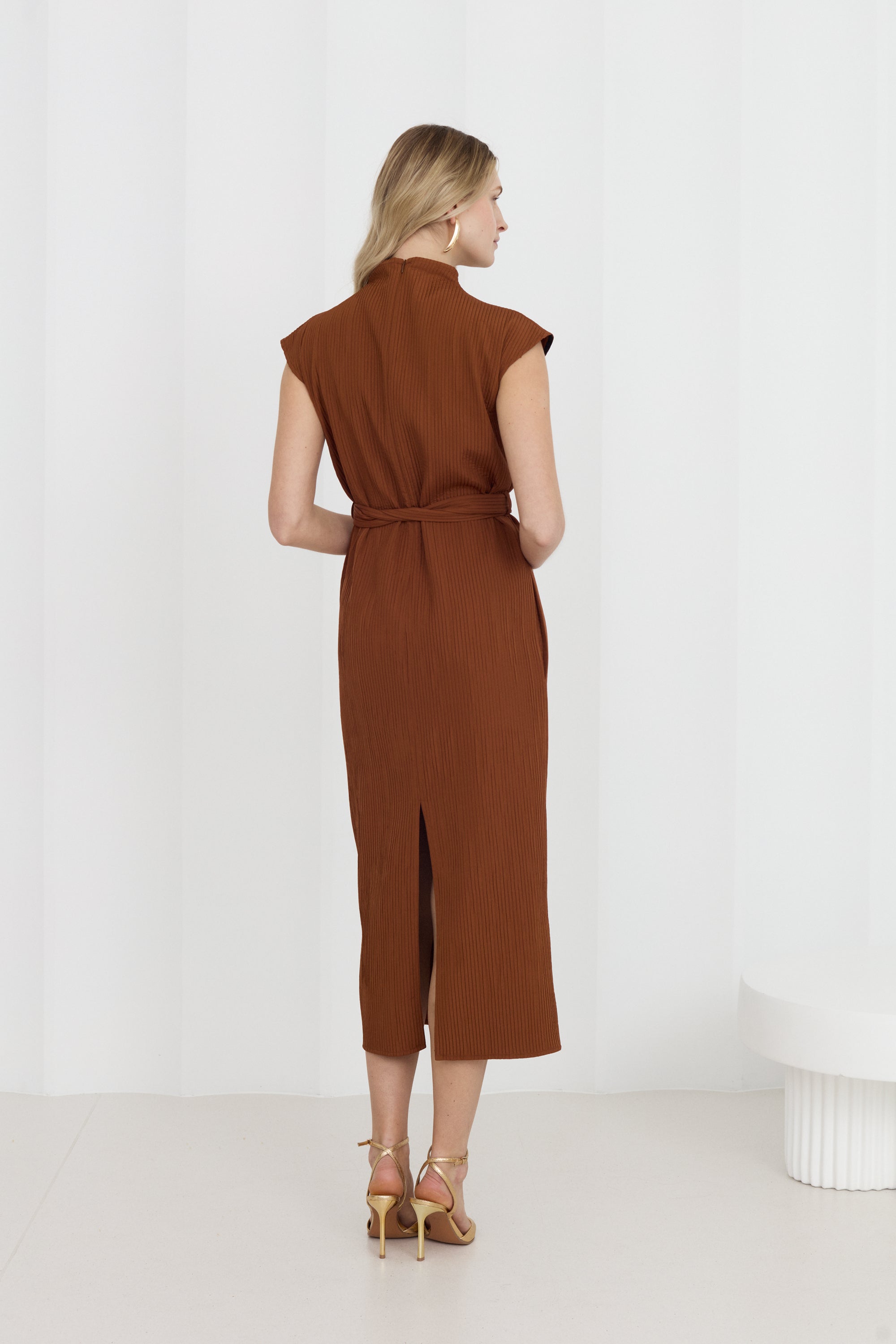 JUNO Brown Midi Dress with High Collar
