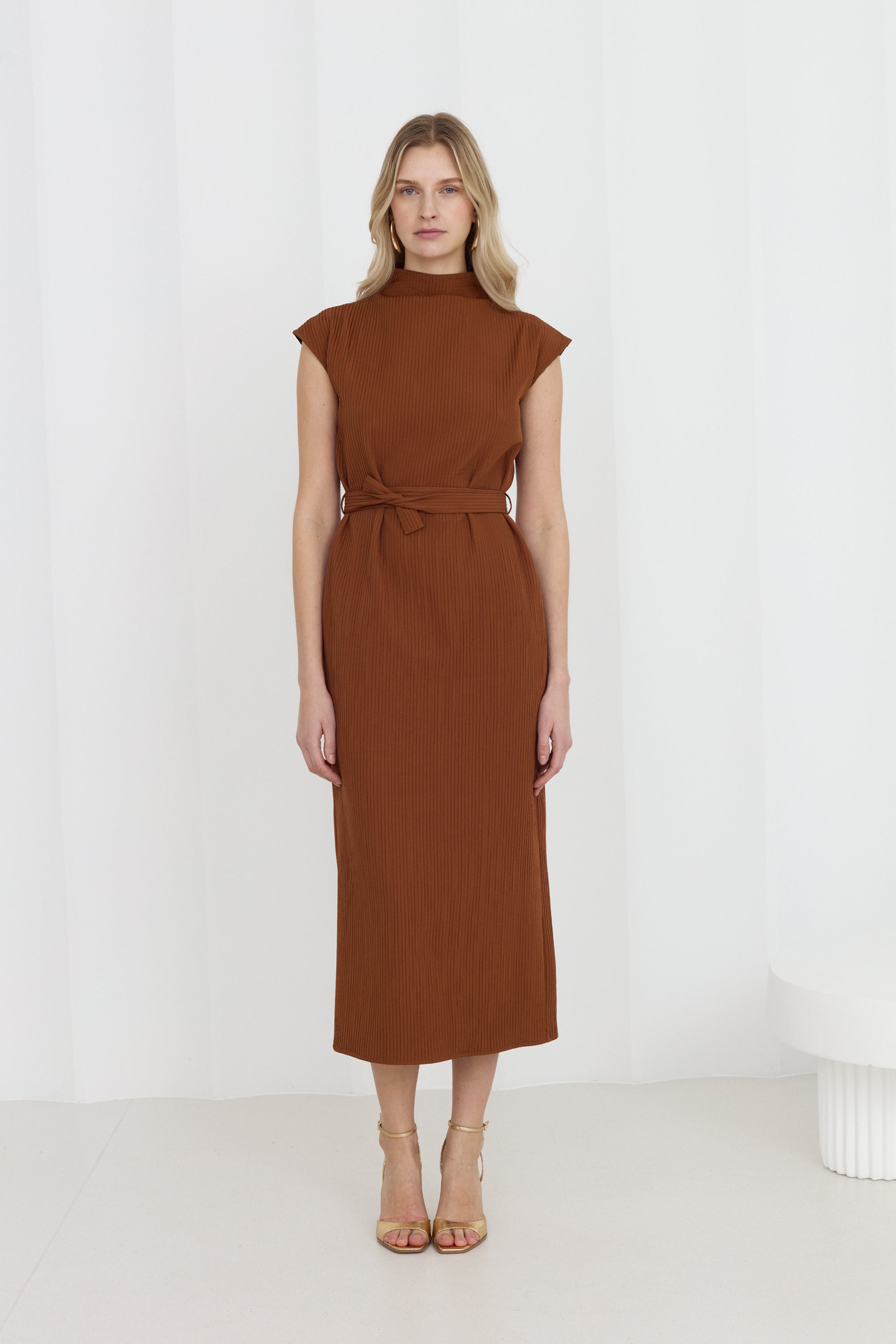 JUNO Brown Midi Dress with High Collar