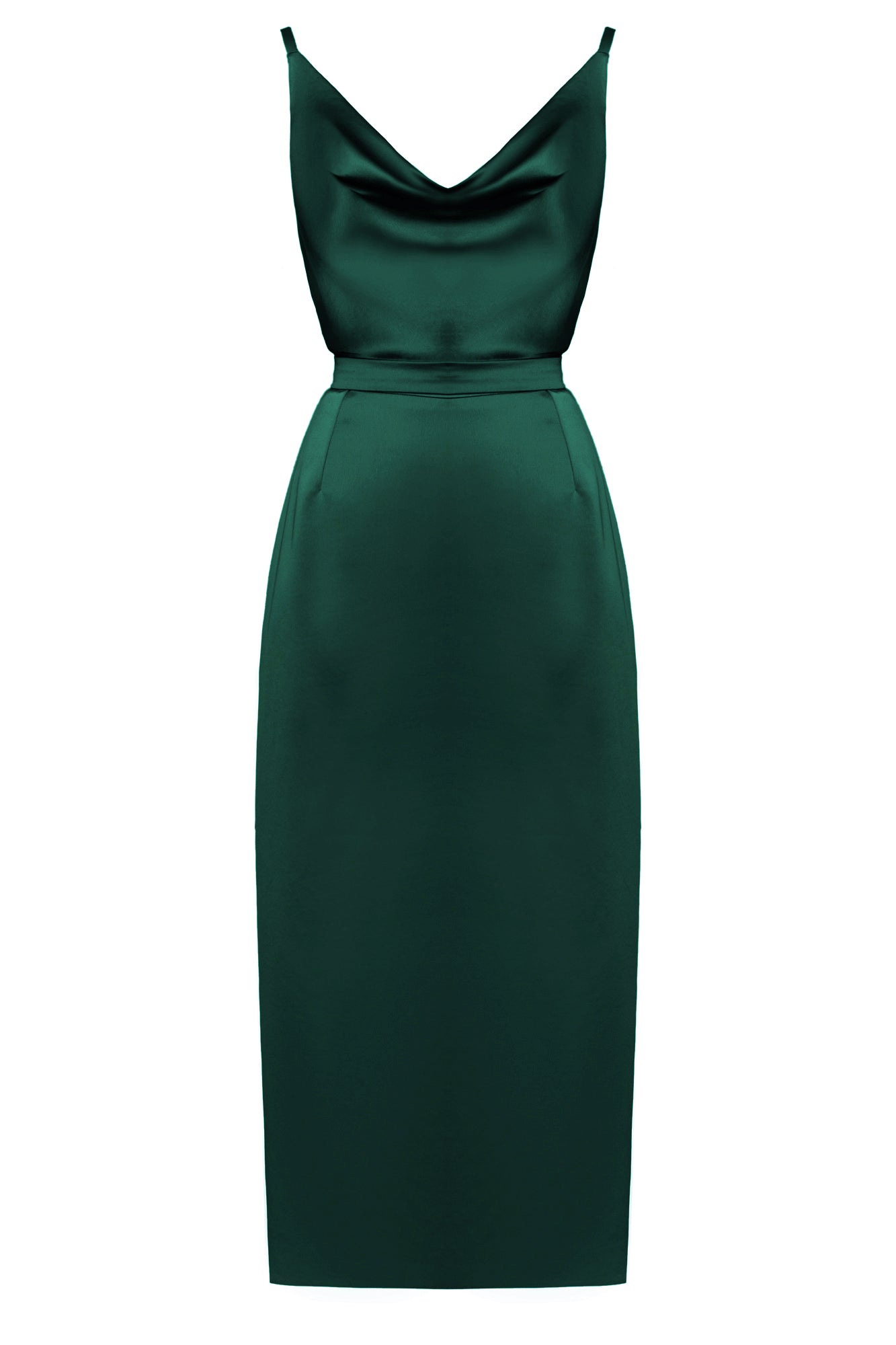 KAMEA Deep Green Satin Cowl Neck Cocktail Midi Dress