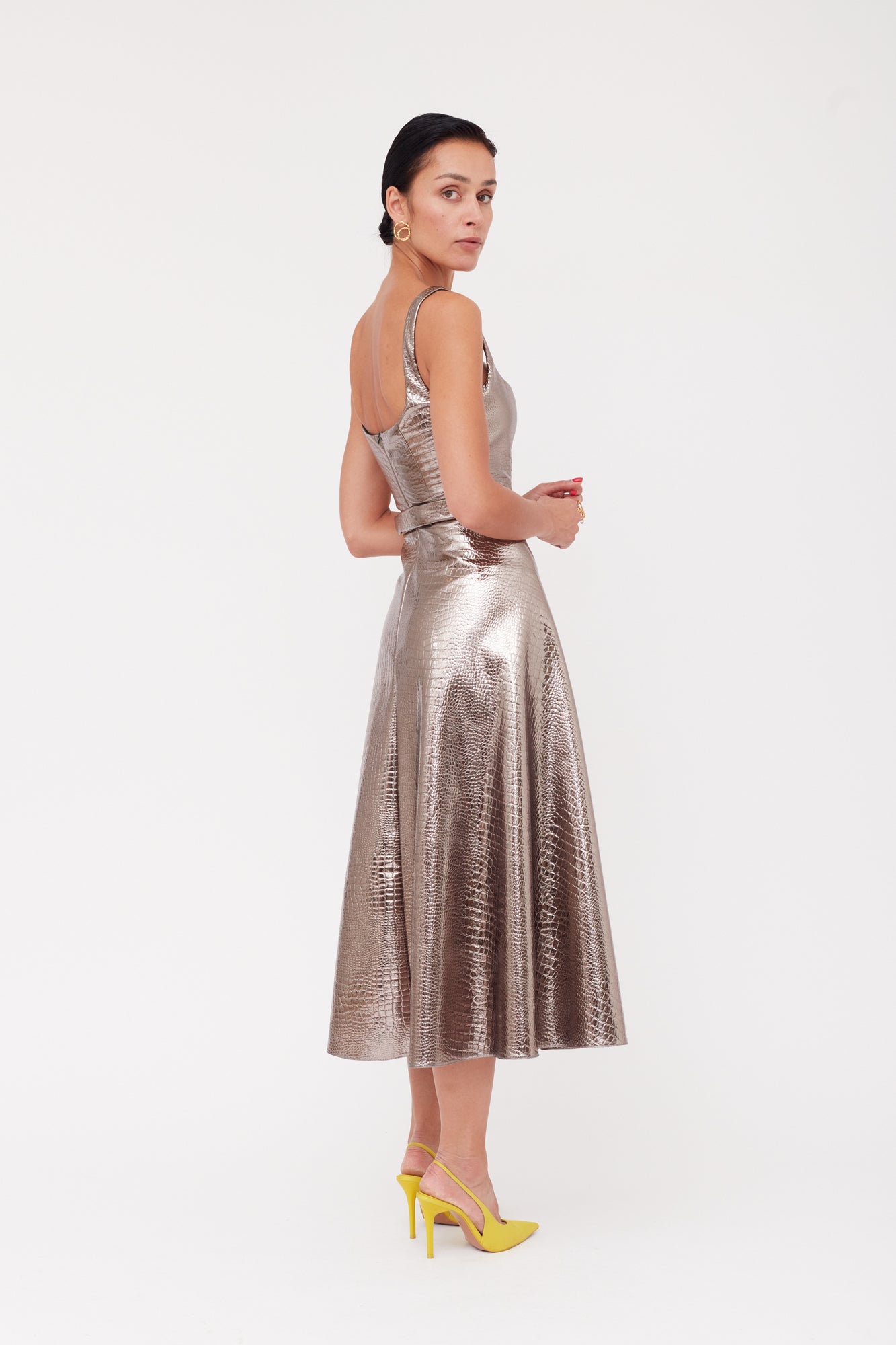 Bronze Metallic Midi Vegan Leather Dress LISANA | UNDRESS