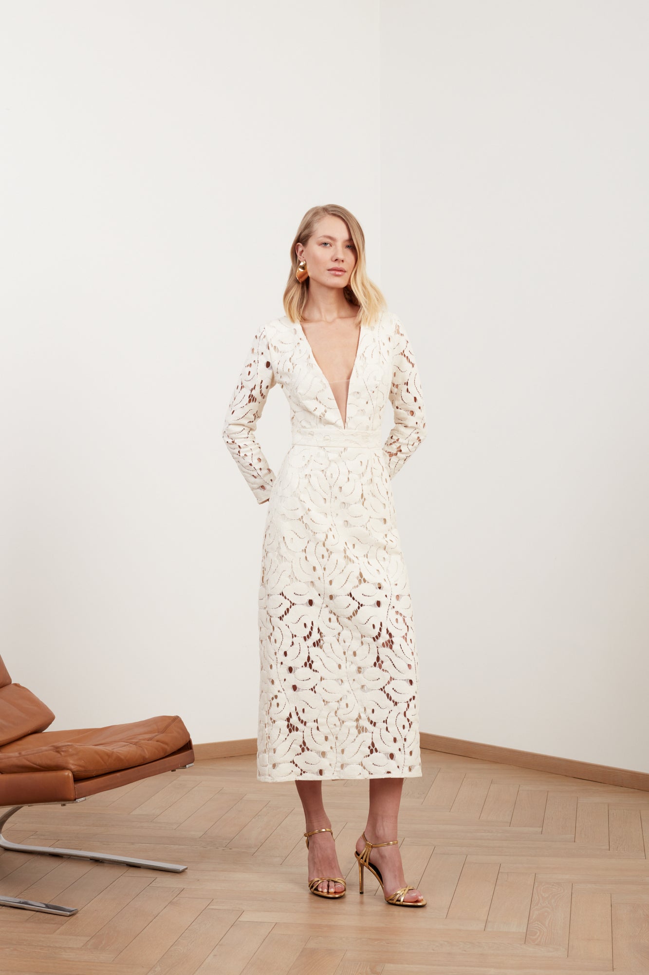 White Lace Midi Dress with V Neck MEERA