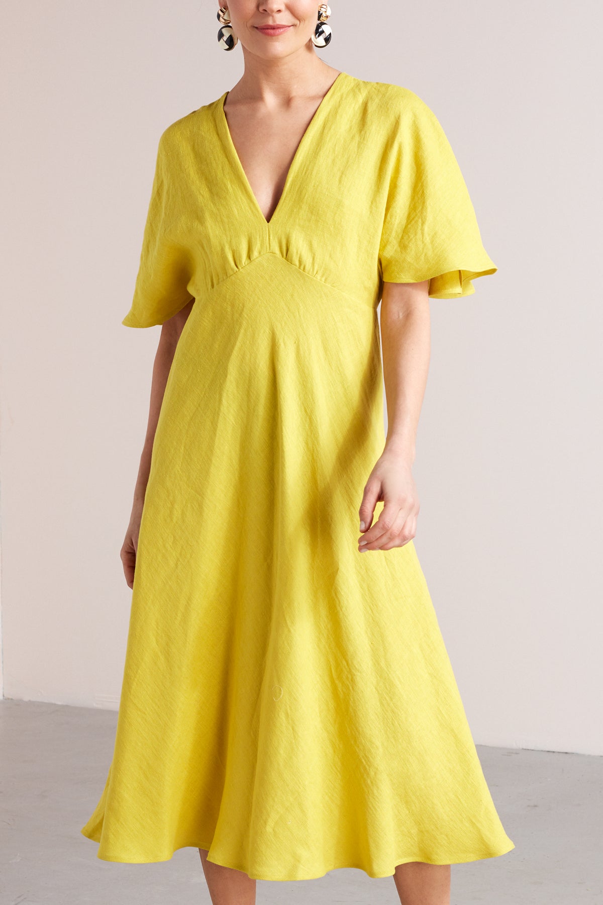 NORA midi butterfly sleeves linen dress in lemon yellow