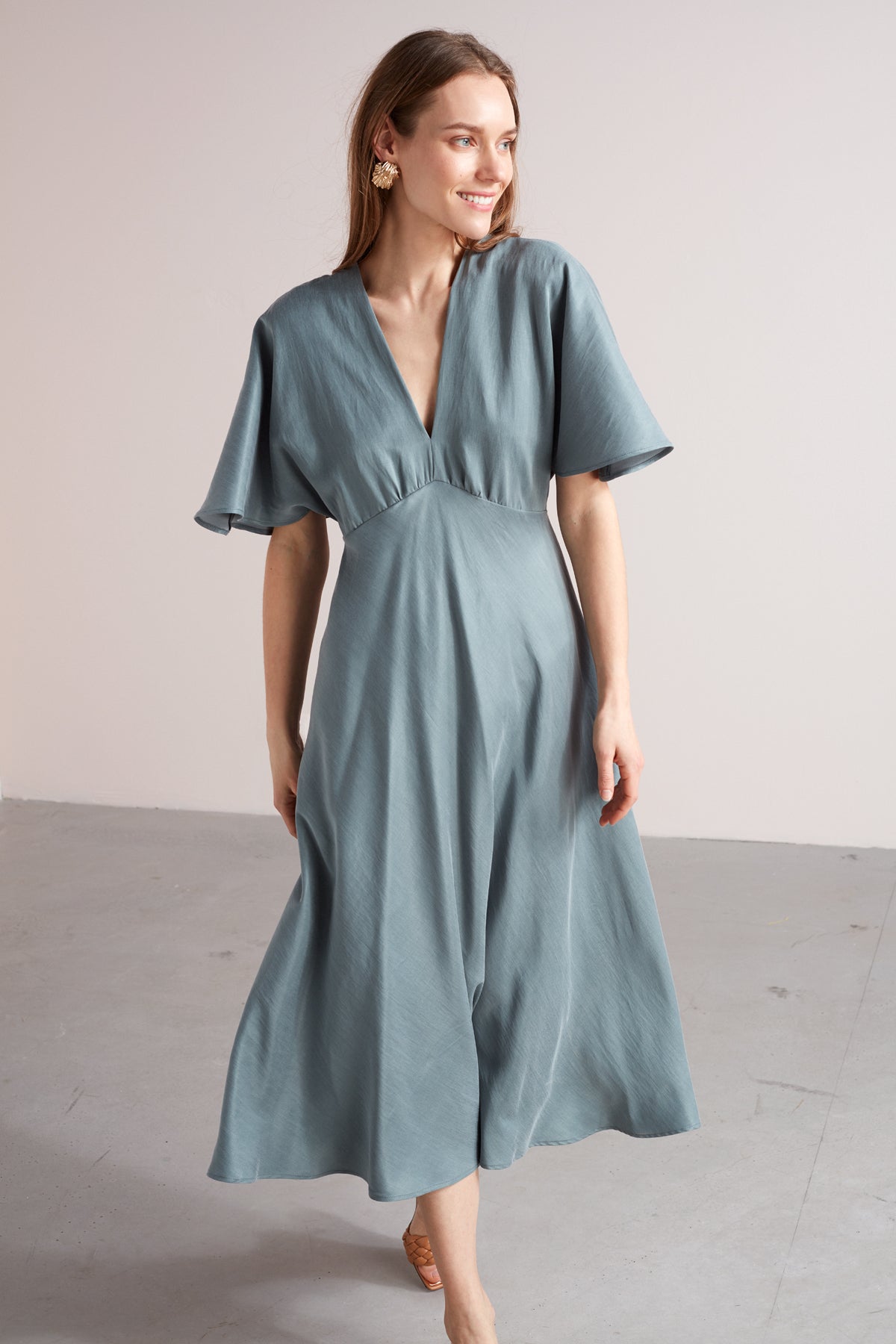 princess polly baby blue dress Butterfly Sleeve Shirred High Waist A Line Midi Dress – RICHSEEN