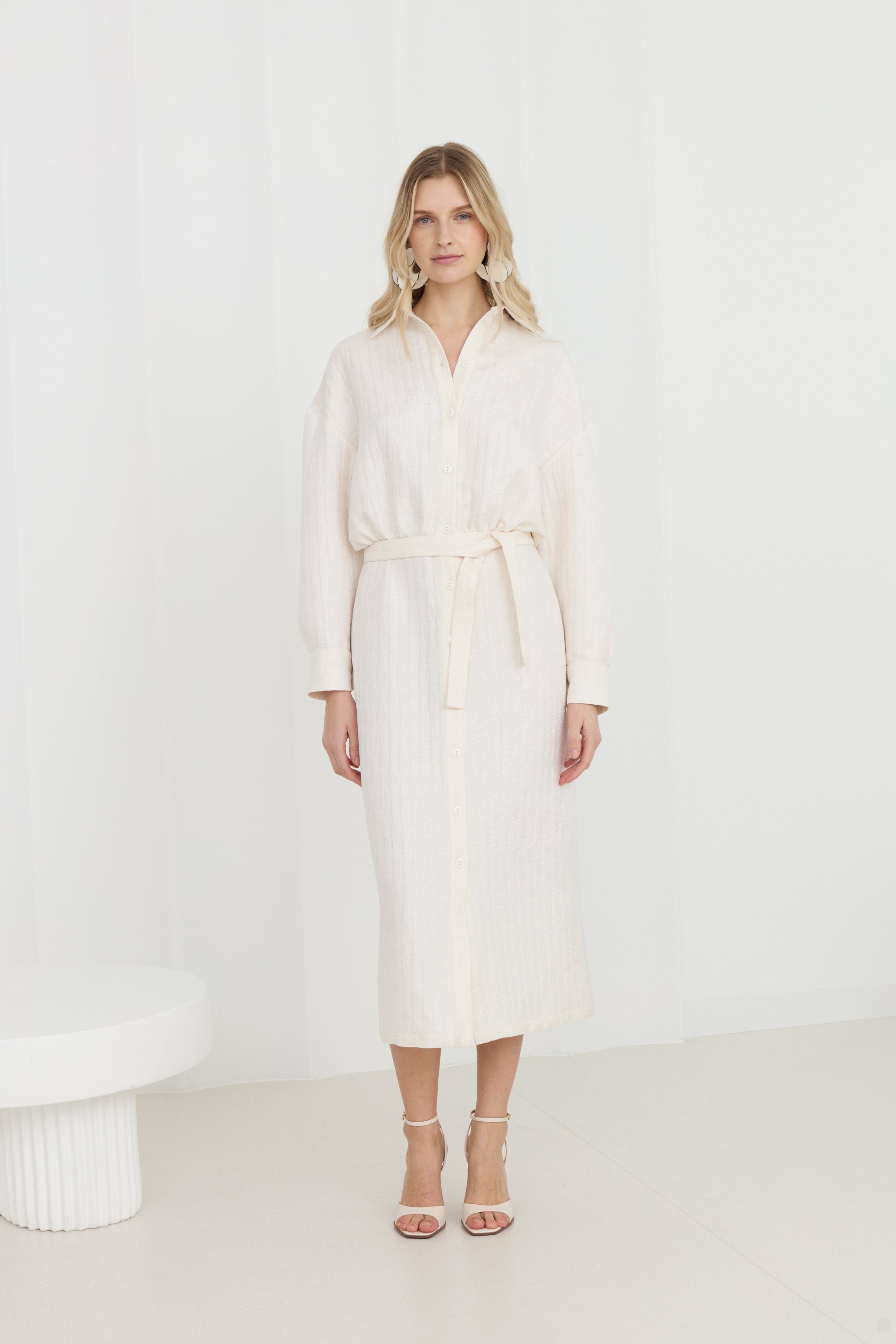 OLINE Off-White Midi Shirt Dress With Pencil Skirt