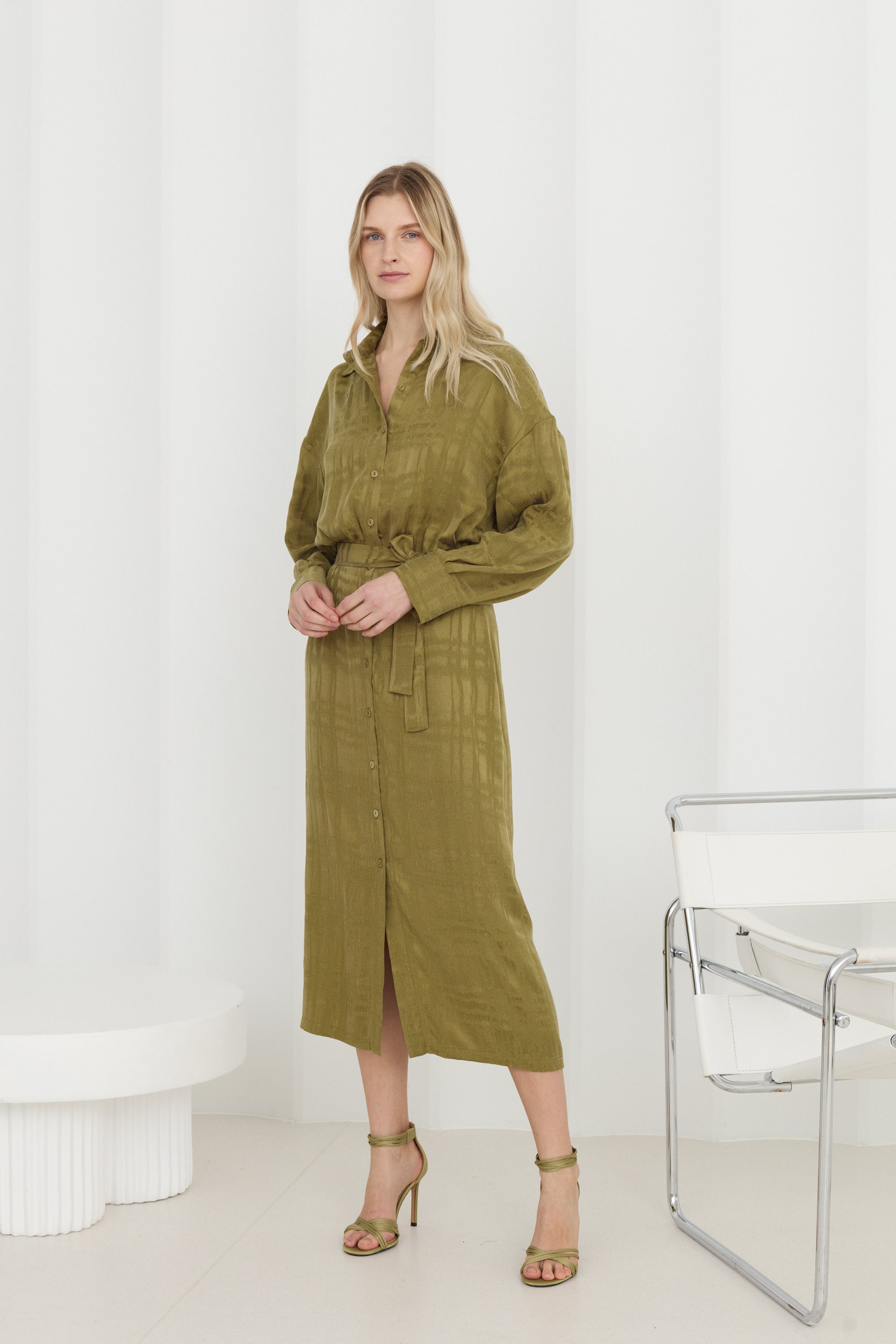 OLINE Olive Green Shirt-Style Midi Dress