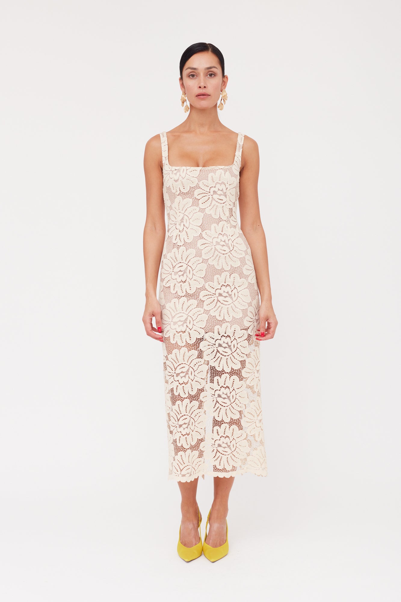 open lace back dress Lace Midi Dress, Cream Medium main image 1