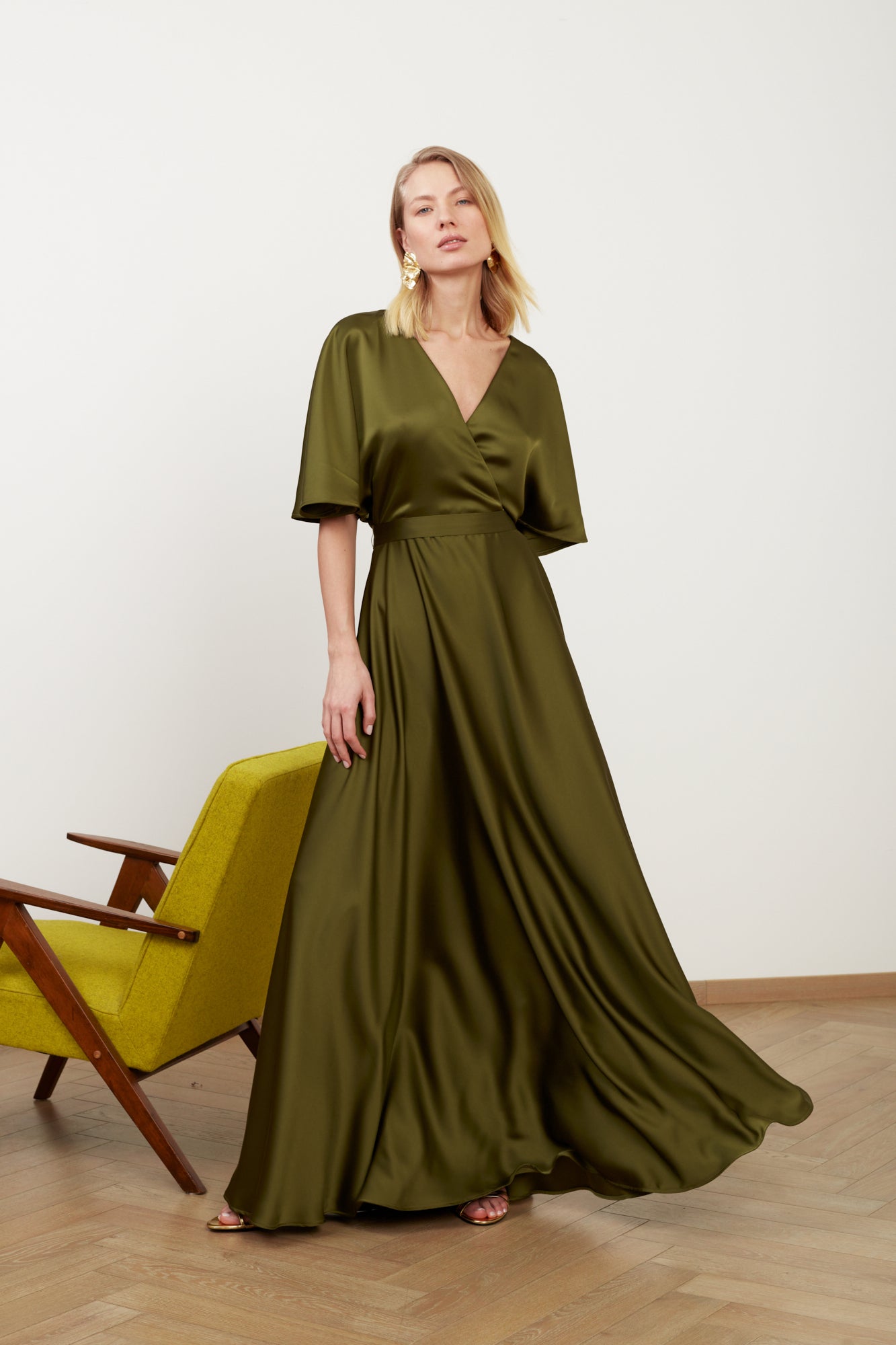 Olive Green Satin Maxi Evening Dress SOLENE