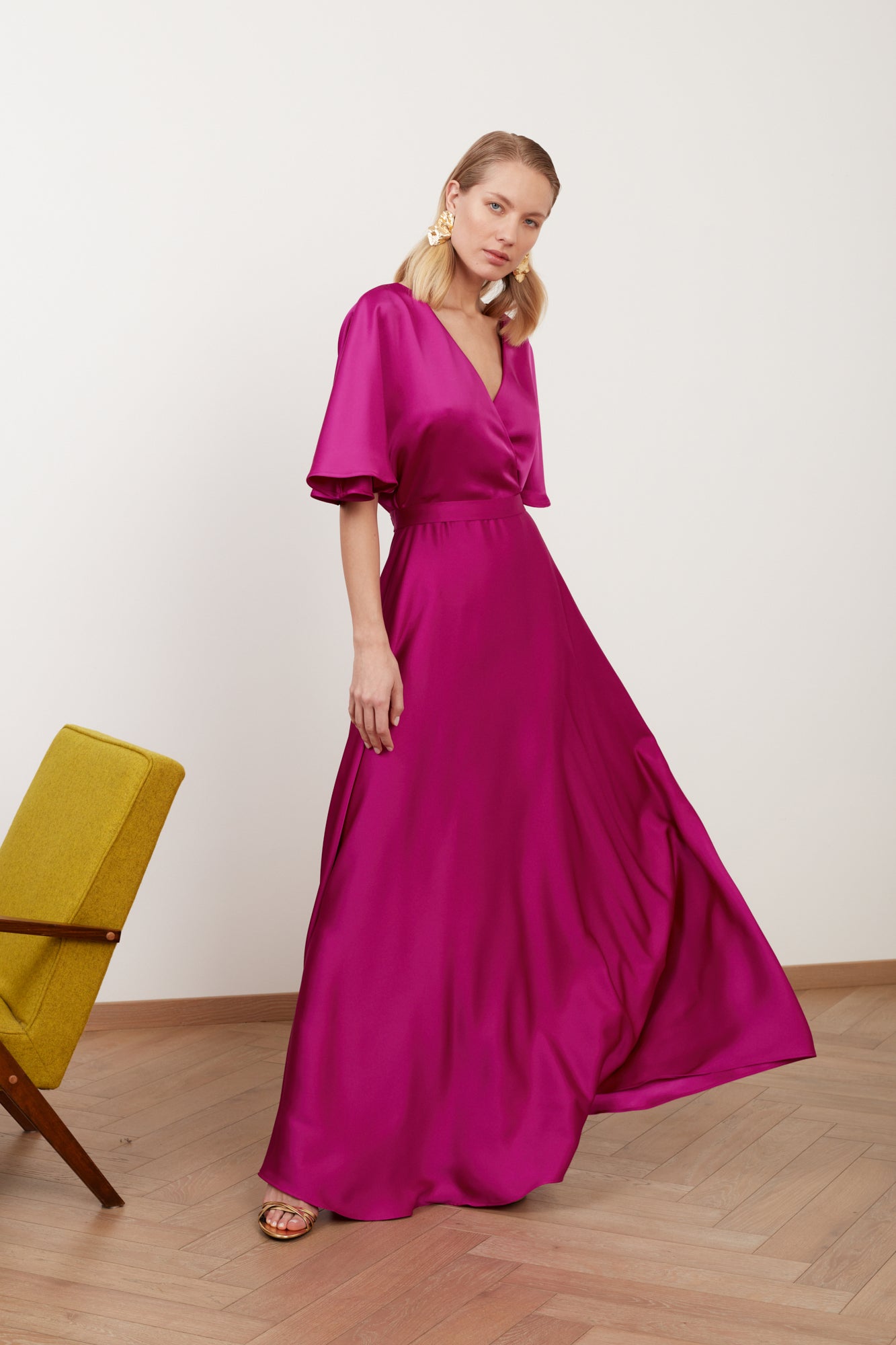 Fuchsia Pink Satin Maxi Evening Dress SOLENE