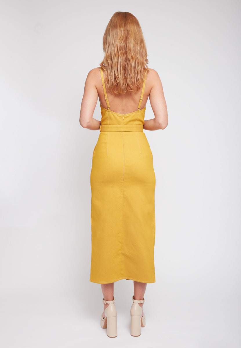 ALBERTA Yellow Denim Classy Pencil Skirt Dress - galinis vaizdas