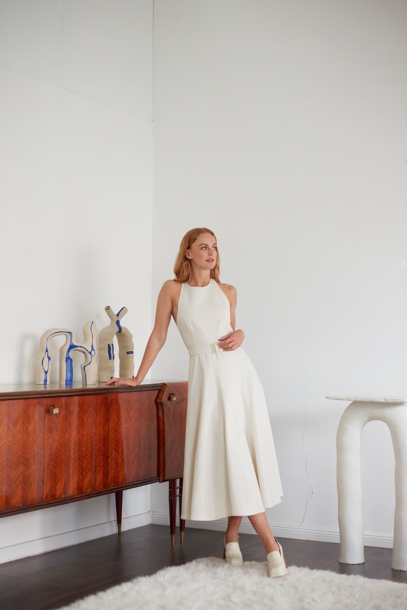 ODE Off-White Midi džinsinė suknelė - Godet Skirt Design