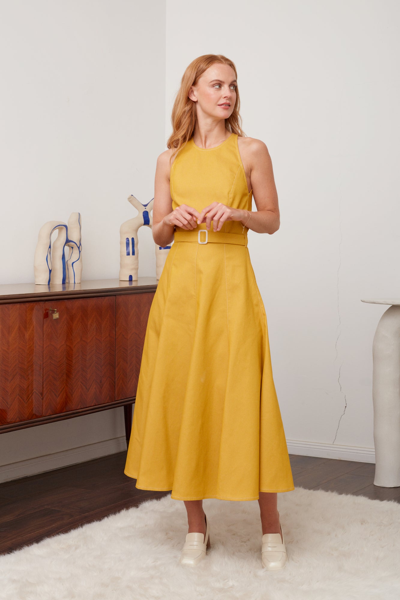 yellow denim dress Yellow Denim Midi Dress with Godet Skirt ODE