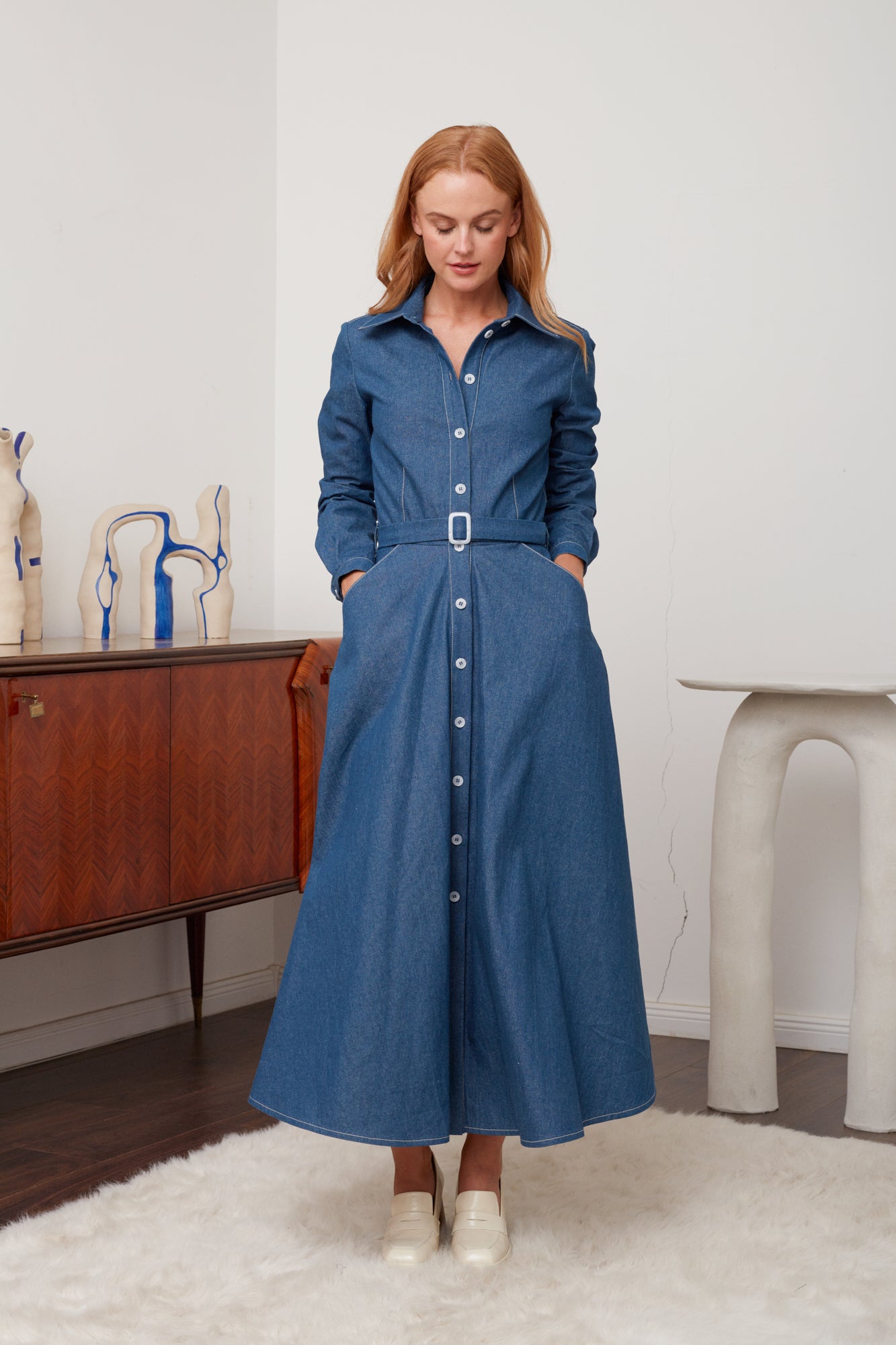 Blue Denim Classy Midi Shirt Dress ESTI Blue Denim Classy Midi Shirt Dress ESTI