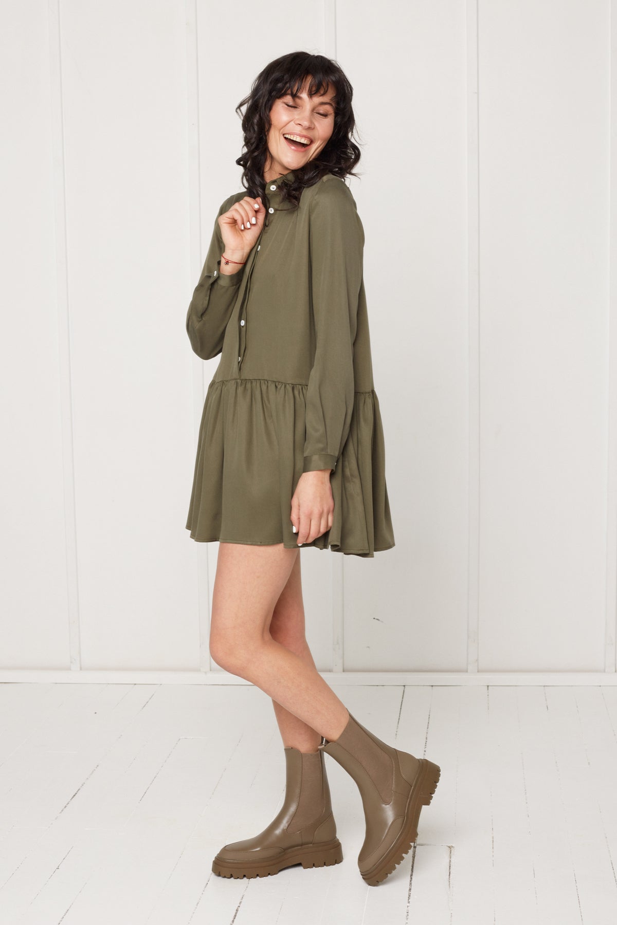 DANA tencel shirt dress with front frill in military green