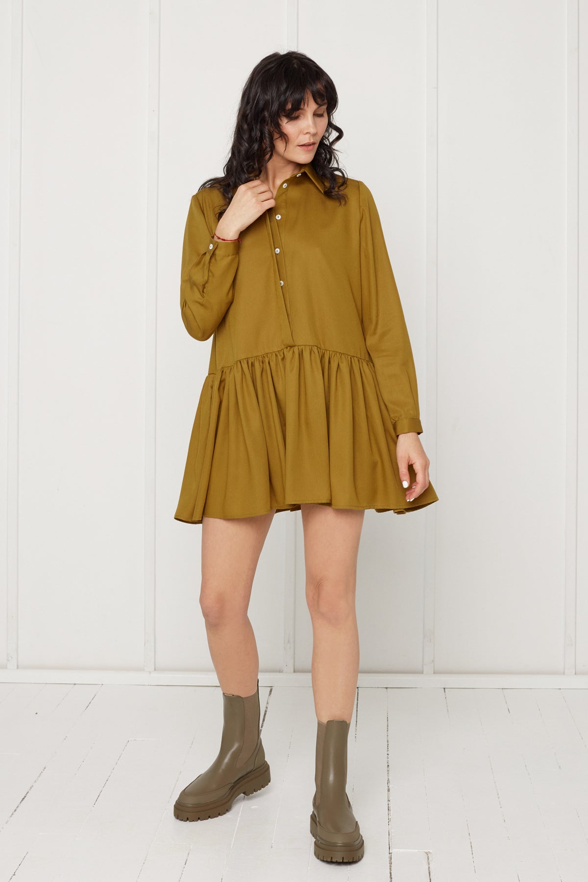 DANA tencel shirt dress with front frill in olive green