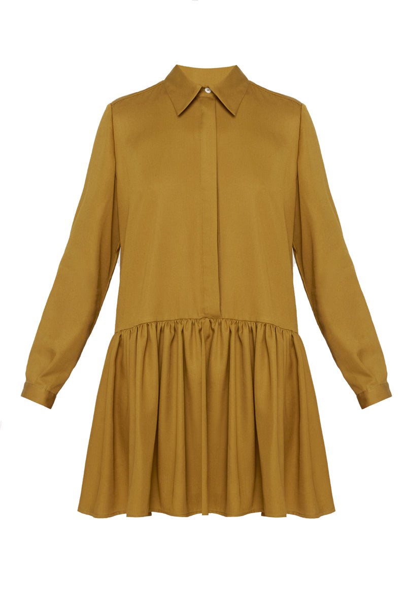 DANA tencel shirt dress with front frill in olive green