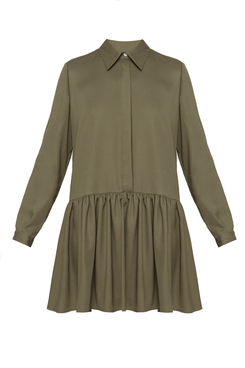 DANA tencel shirt dress with front frill in military green