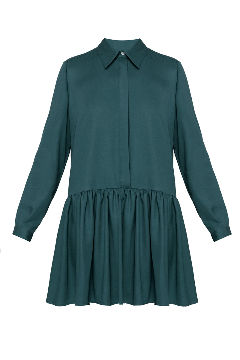DANA tencel shirt dress with front frill in teal blue